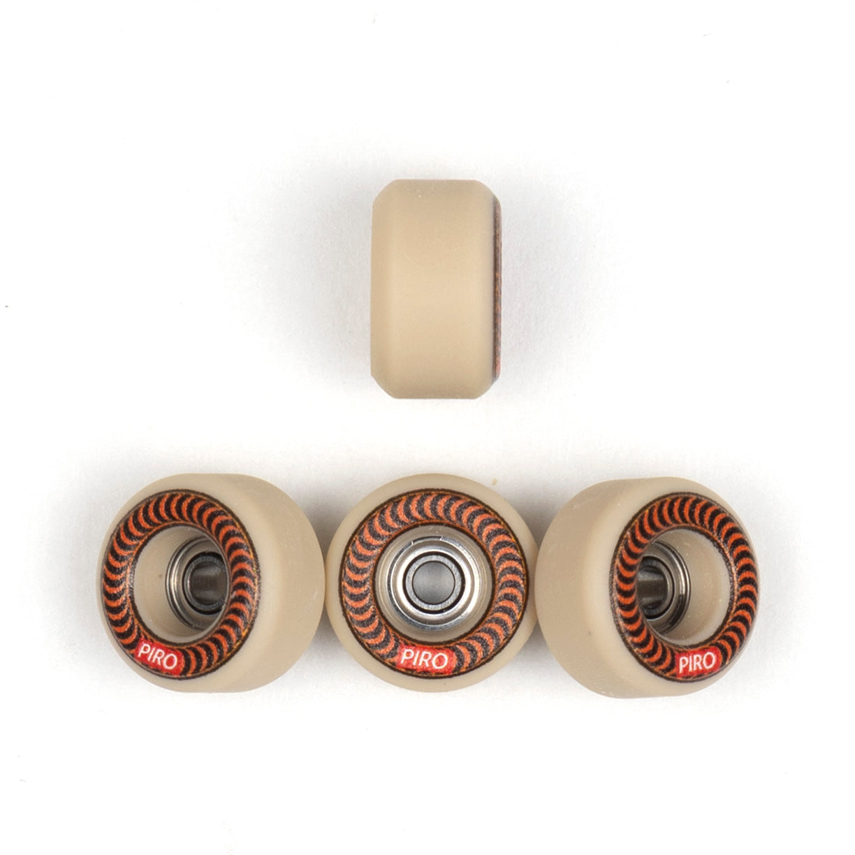 Tan Piro fingerboard wheels with a orange spiral graphic on Performance shape