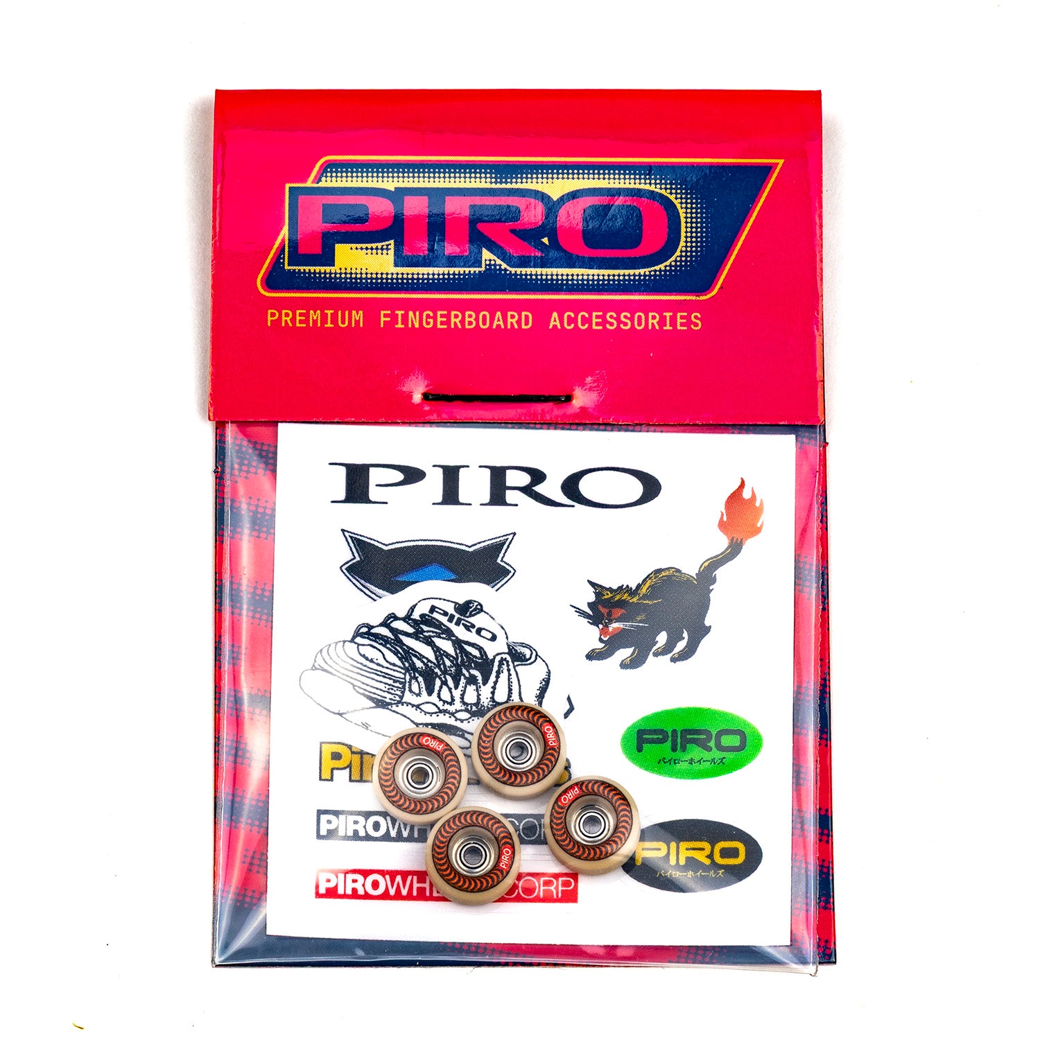 Tan Piro Wheels with a orange swirl graphic with packaging and stickers included