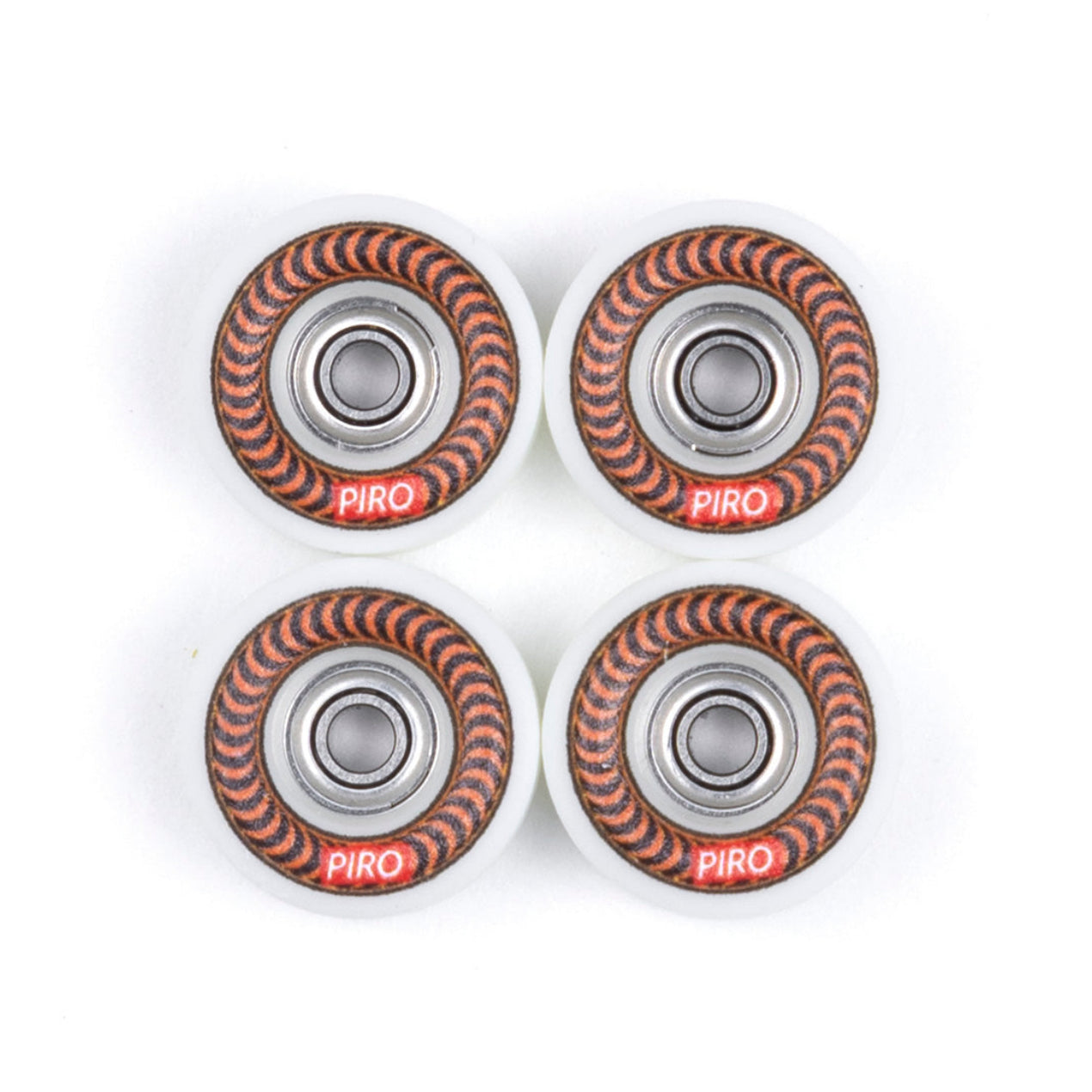 Four Swirl Piro fingerboard wheels with a Orange graphic and white urethane.
