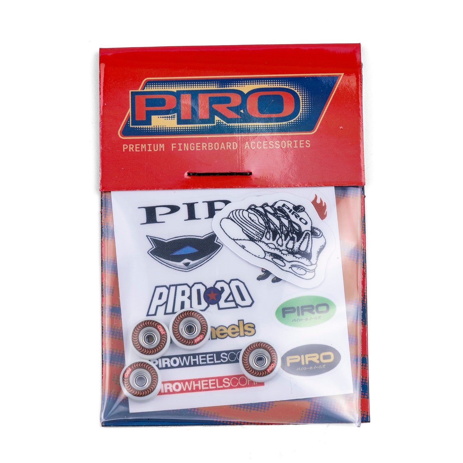 Piro brand fingerboard wheels with sticker sheet in its original packaging
