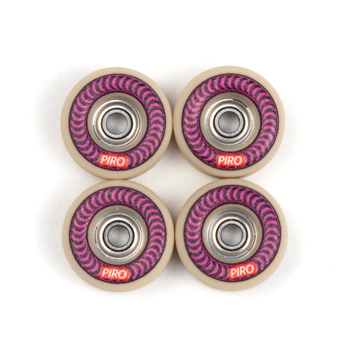 Tan Piro fingerboard wheels with a Pink spiral graphic