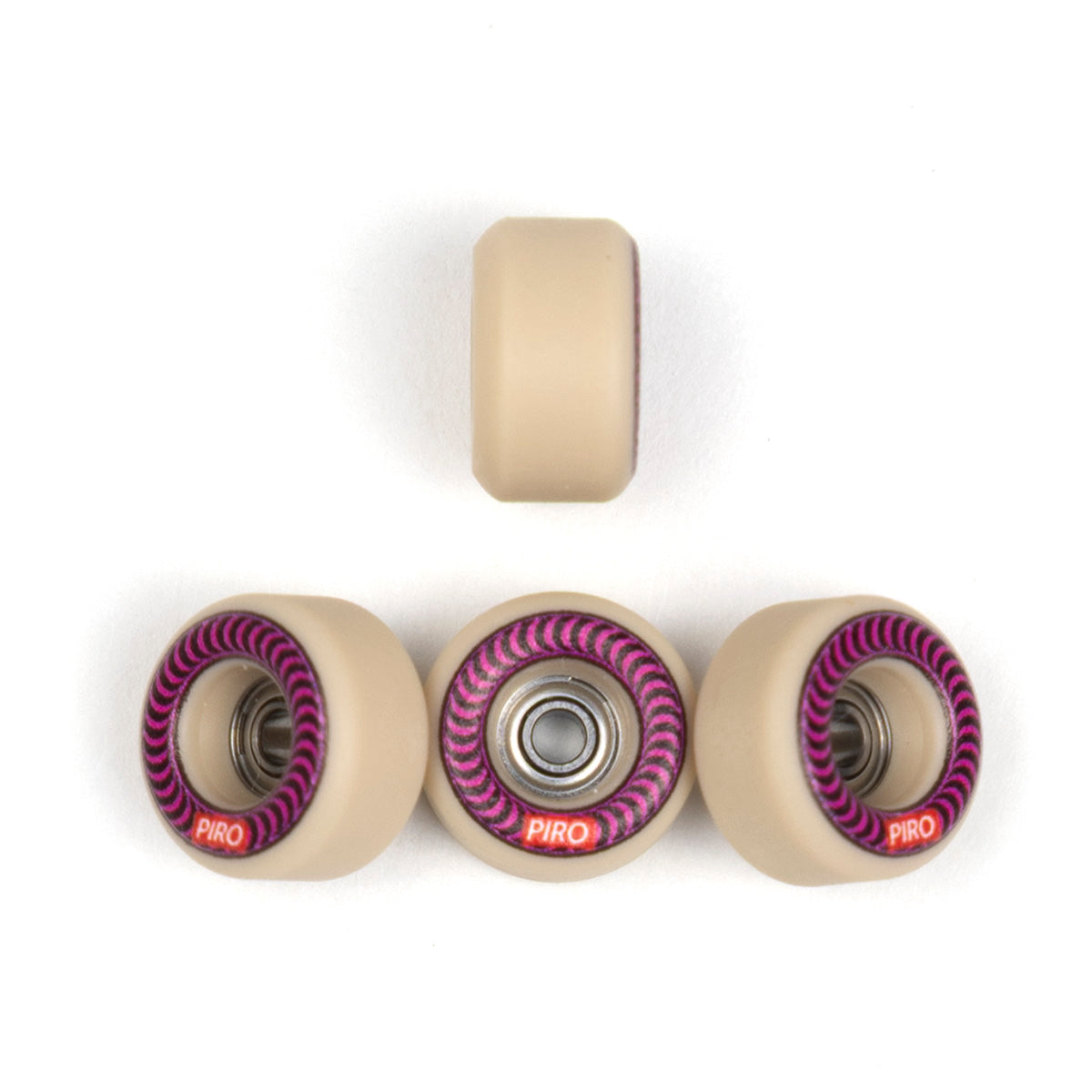Tan Piro fingerboard wheels with a Pink spiral graphic on Performance shape