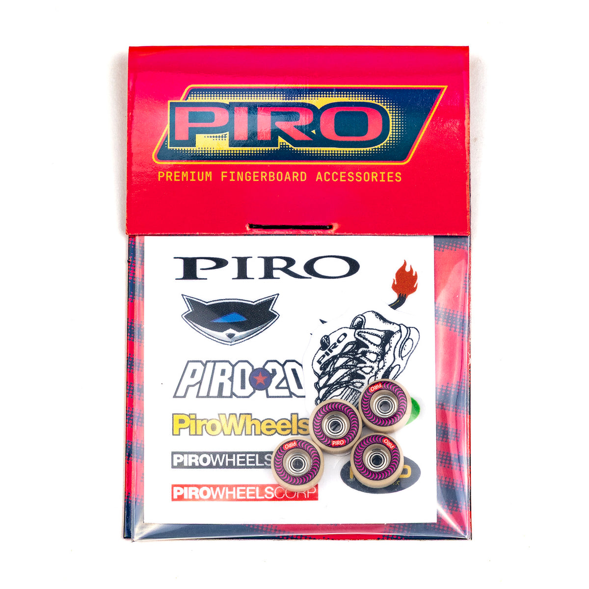 Tan Piro Wheels with a pink spiral graphic with packaging and stickers included