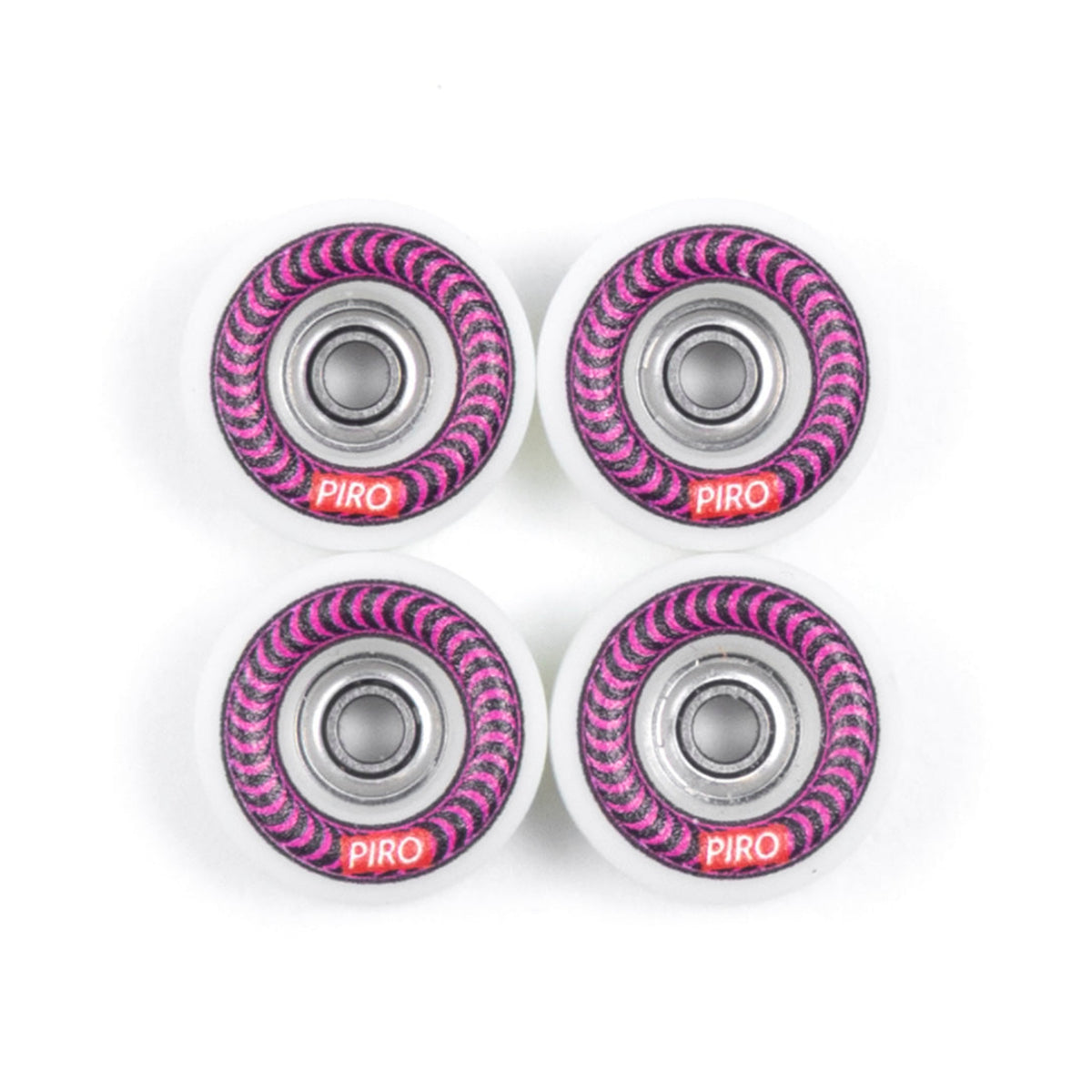 Four Swirl Piro fingerboard wheels with ABEC 9 bearings. Pink graphic on a white wheel.