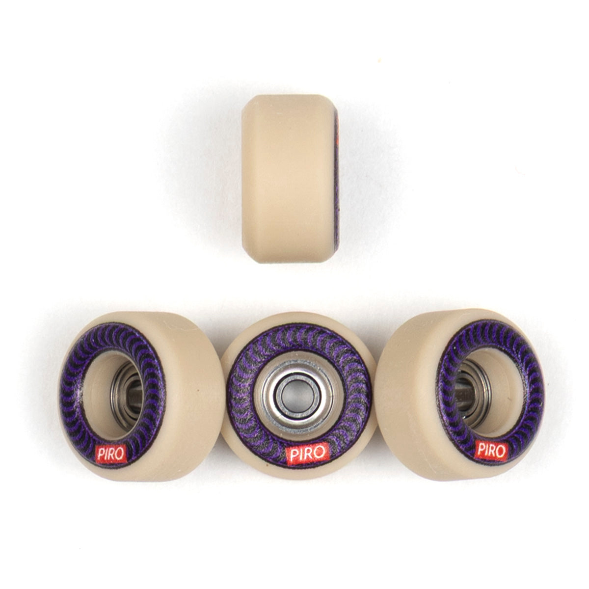 Tan Piro fingerboard wheels with a purple spiral graphic on Performance shape