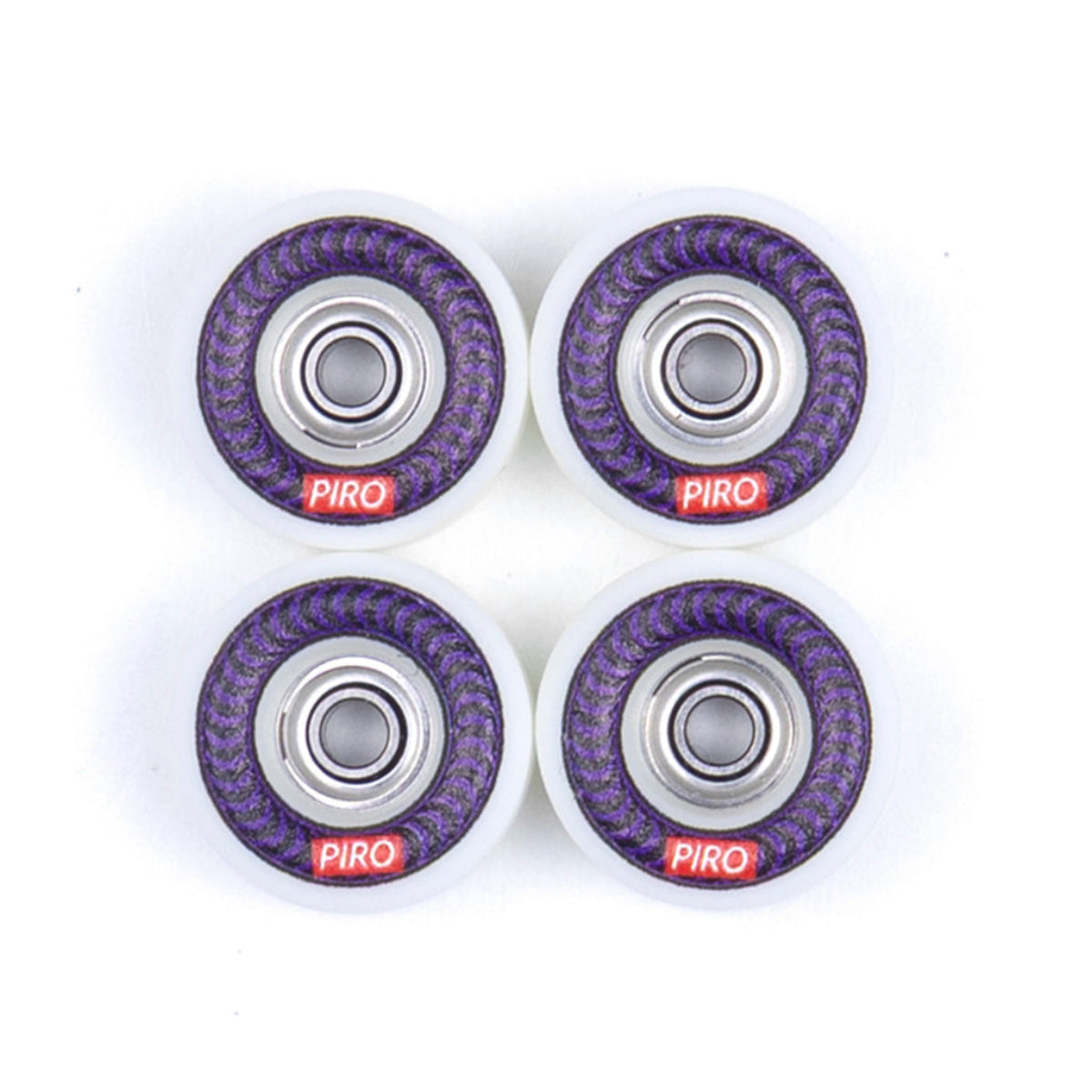Four Swirl Piro fingerboard wheels with a Purplegraphic and white urethane.