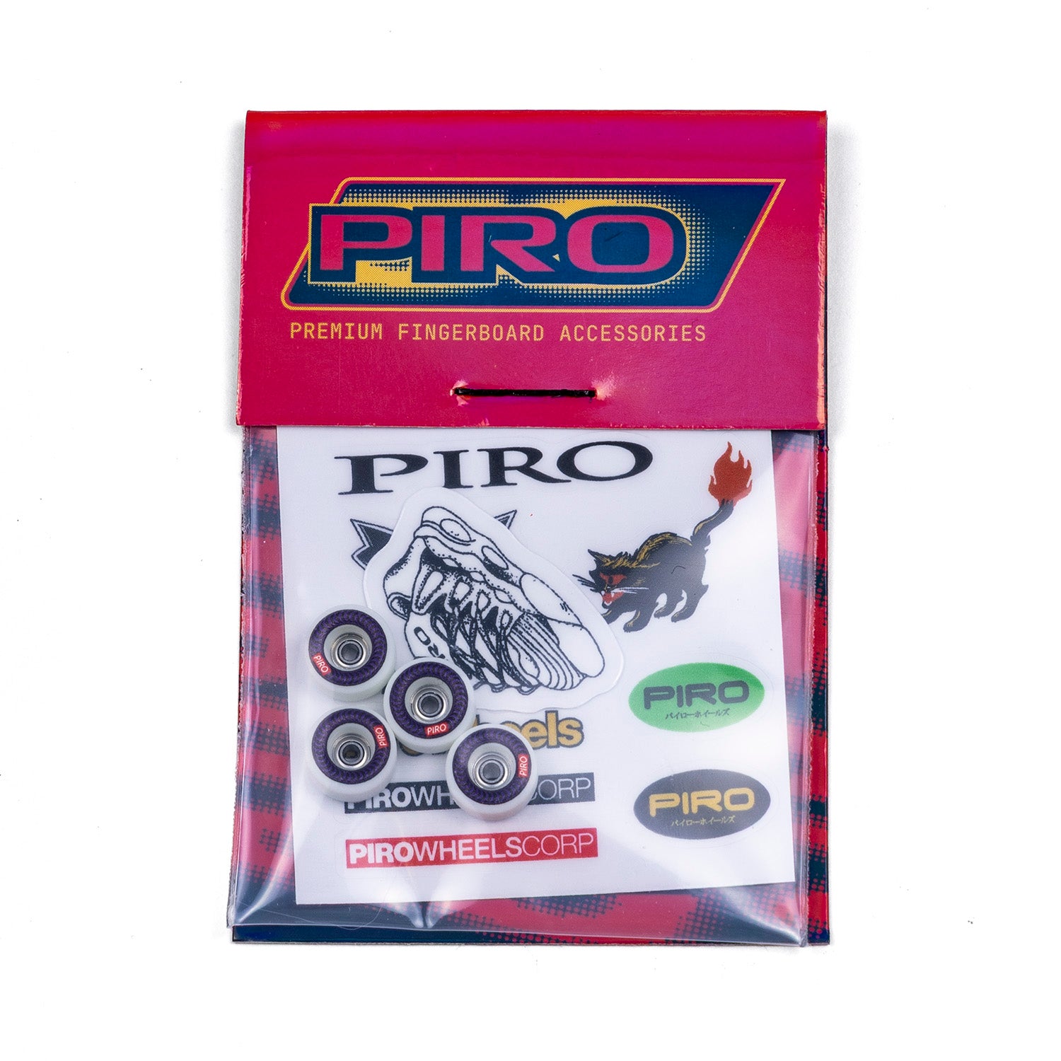 Piro fingerboard wheel in packaging, featuring a red header card with the Piro logo and a clear plastic bag with stickers, decals, and four bearing wheel .