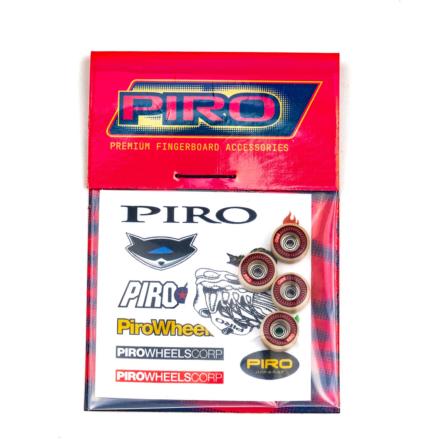Tan Piro Wheels with a red swirl graphic with packaging and stickers included