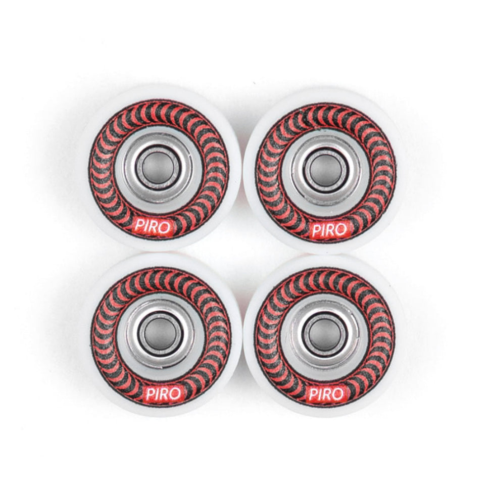Four Swirl Piro fingerboard wheels with a Red graphic and white urethane.