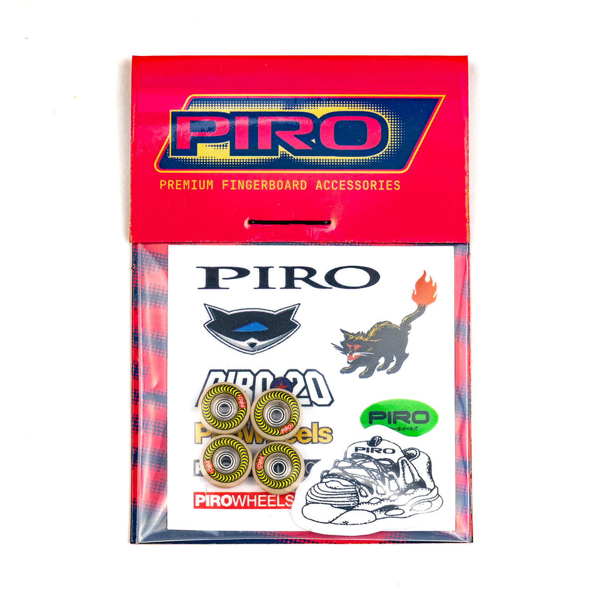 Yellow Spiral Piro fingerboard wheels with packaging and stickers included