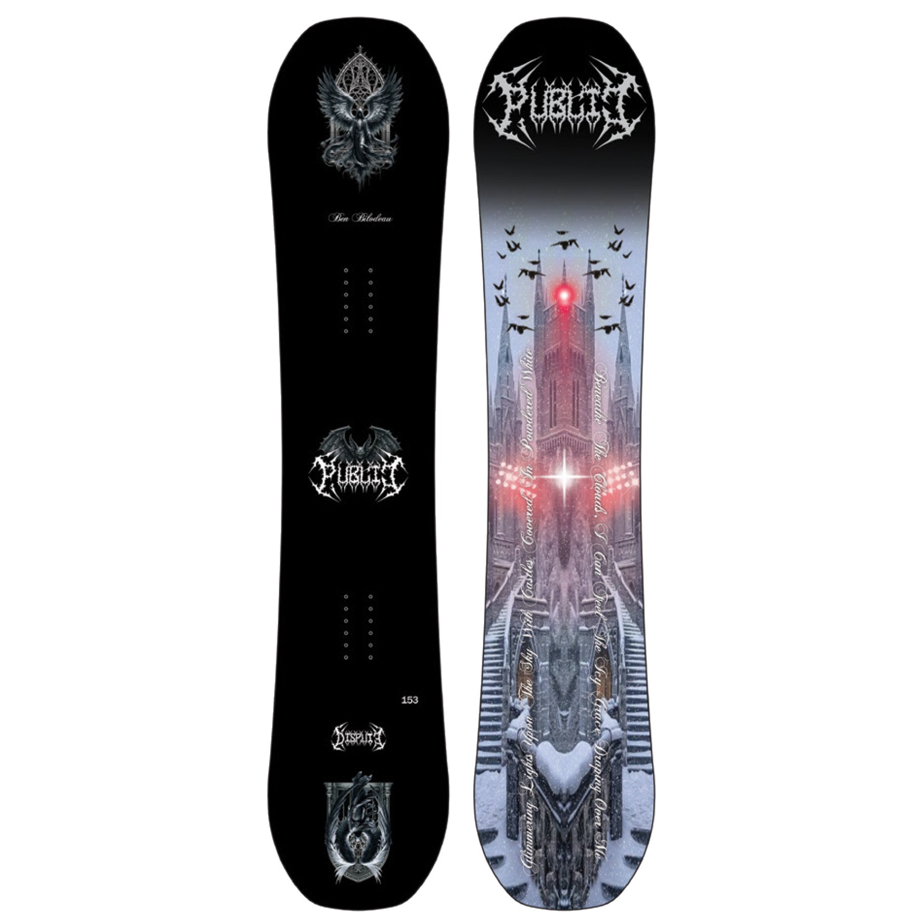2026 Public Dispute 153 Snowboard with bat and gargoyle on the black top and castle on the Base
