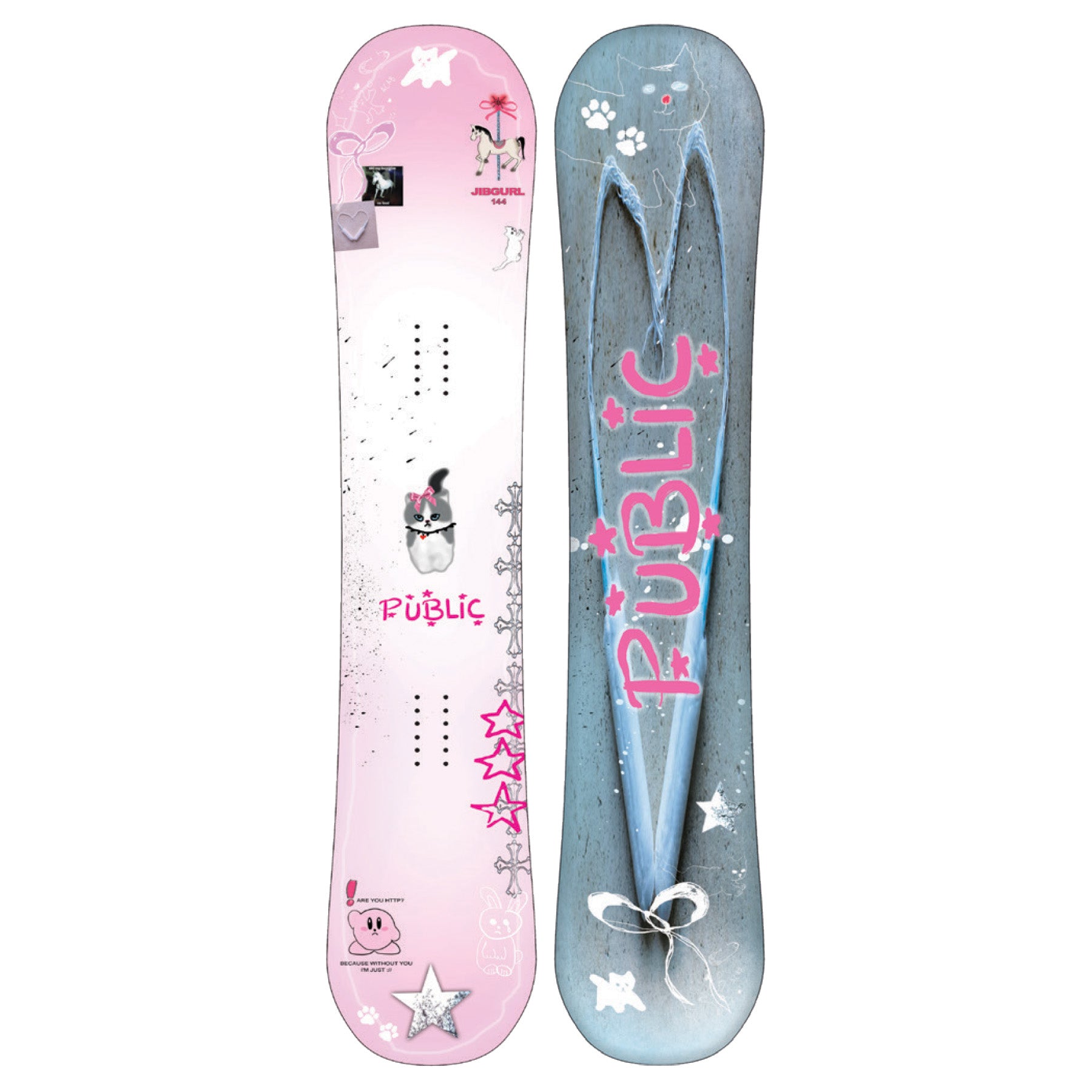 2026 Public Women's Jibgurl 144 Snowboard with Kitten, Kirby, Star, Jeart, and Pony on the pink top and and Pink Public on the Base