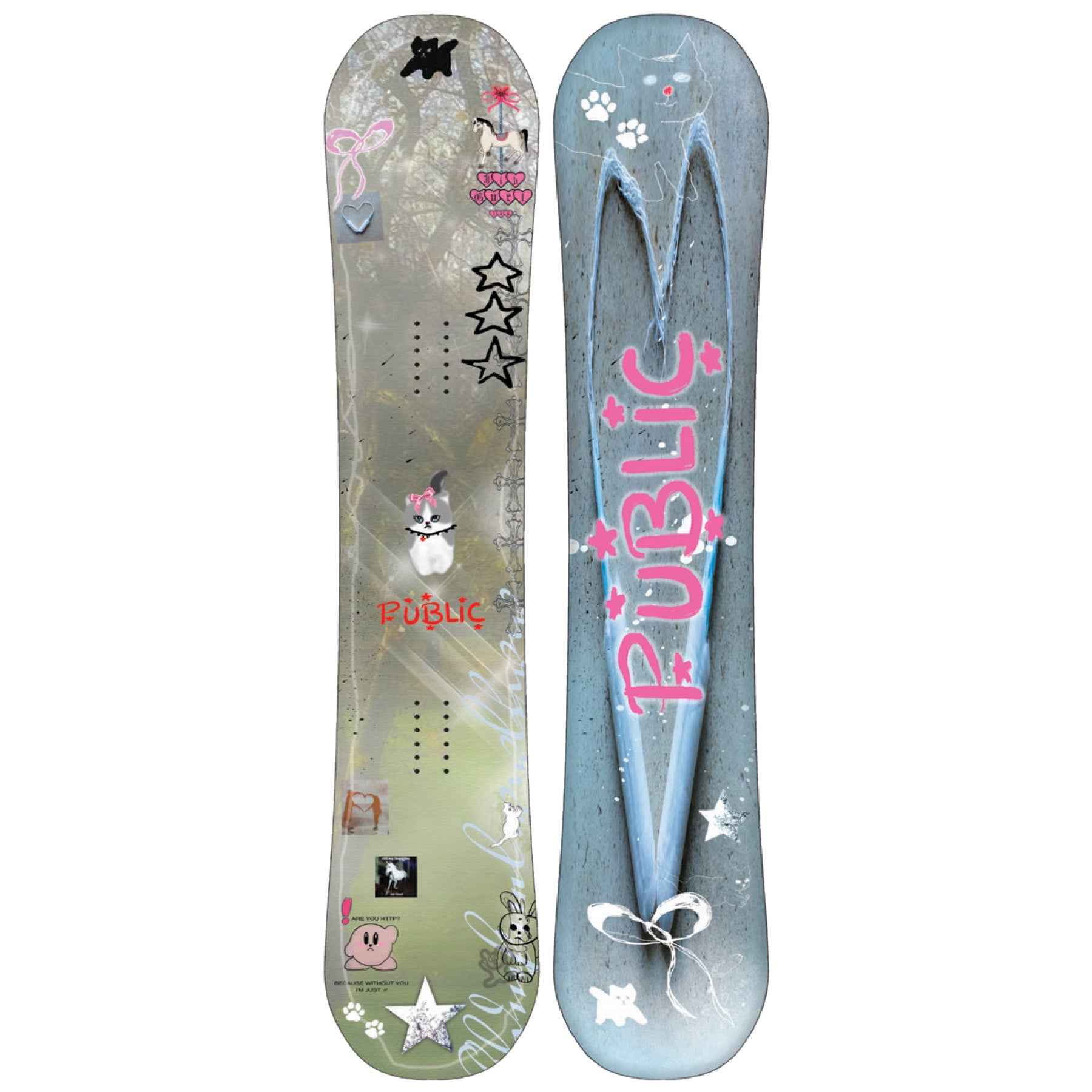 2026 Public Women's Jibgurl 148 Snowboard with Kitten, Kirby, Star, Jeart, and Pony on the Forest top and and Pink Public on the Base