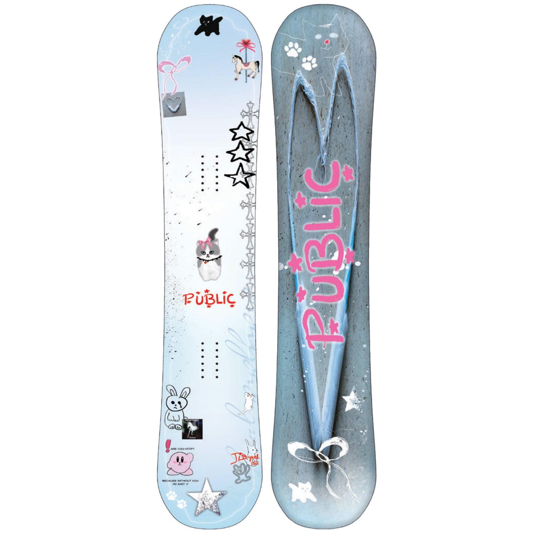 2026 Public Women's Jibgurl 152 Snowboard with Kitten, Kirby, Star, Jeart, and Pony on the Blue top and and Pink Public on the Base