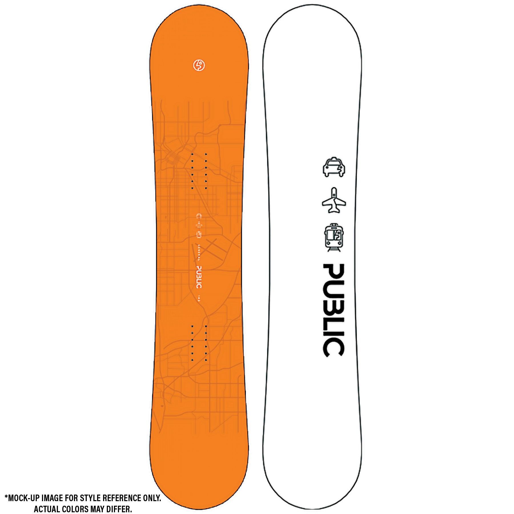 2026 Public General 143 Snowboard Mockup with Orange Top and White Base