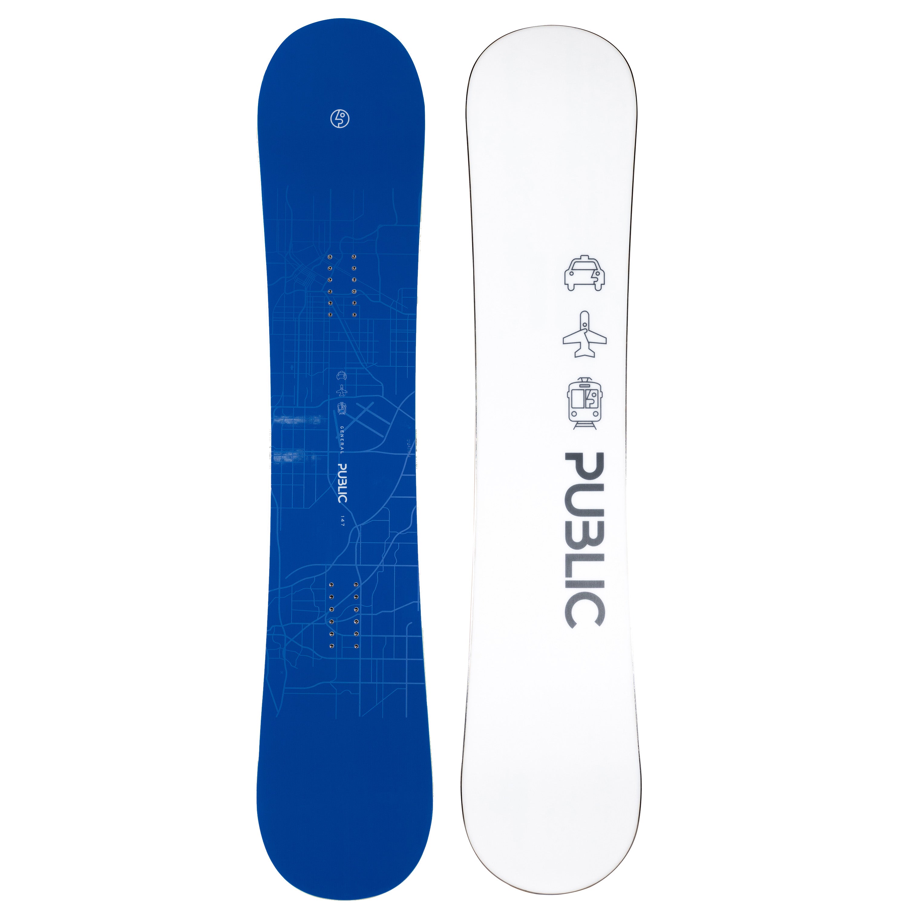 2026 Public General 147 Snowboard with Blue Top and White Base