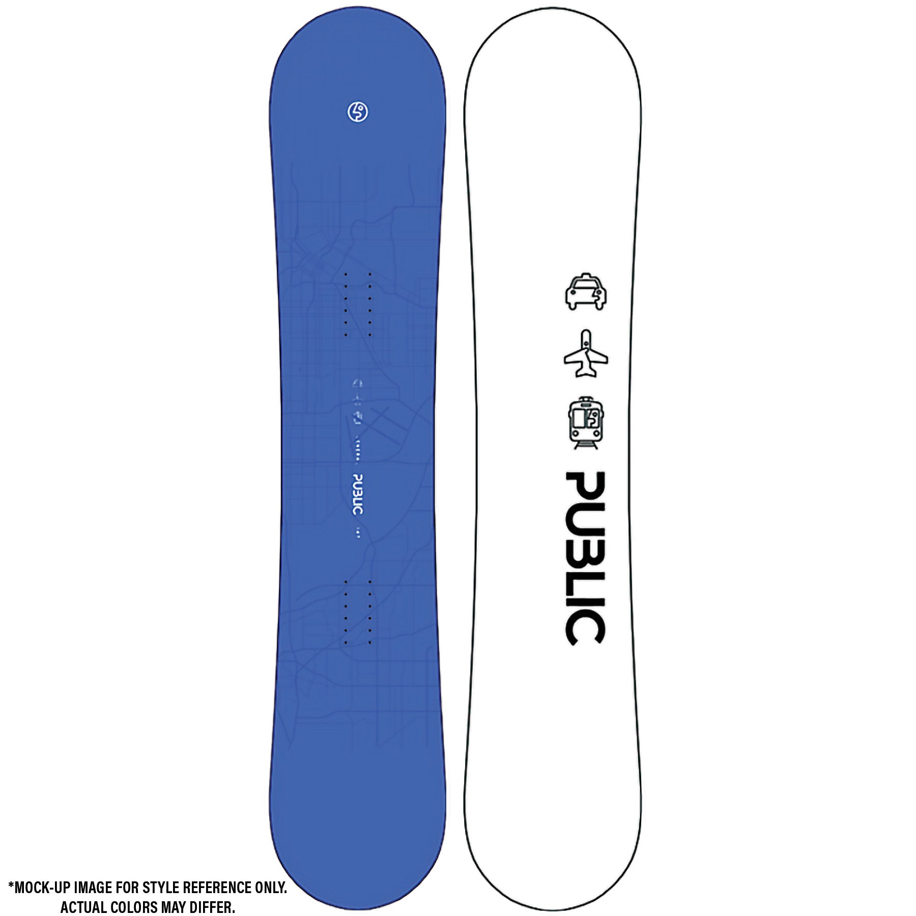 2026 Public General 147 Snowboard Mockup with Blue Top and White Base