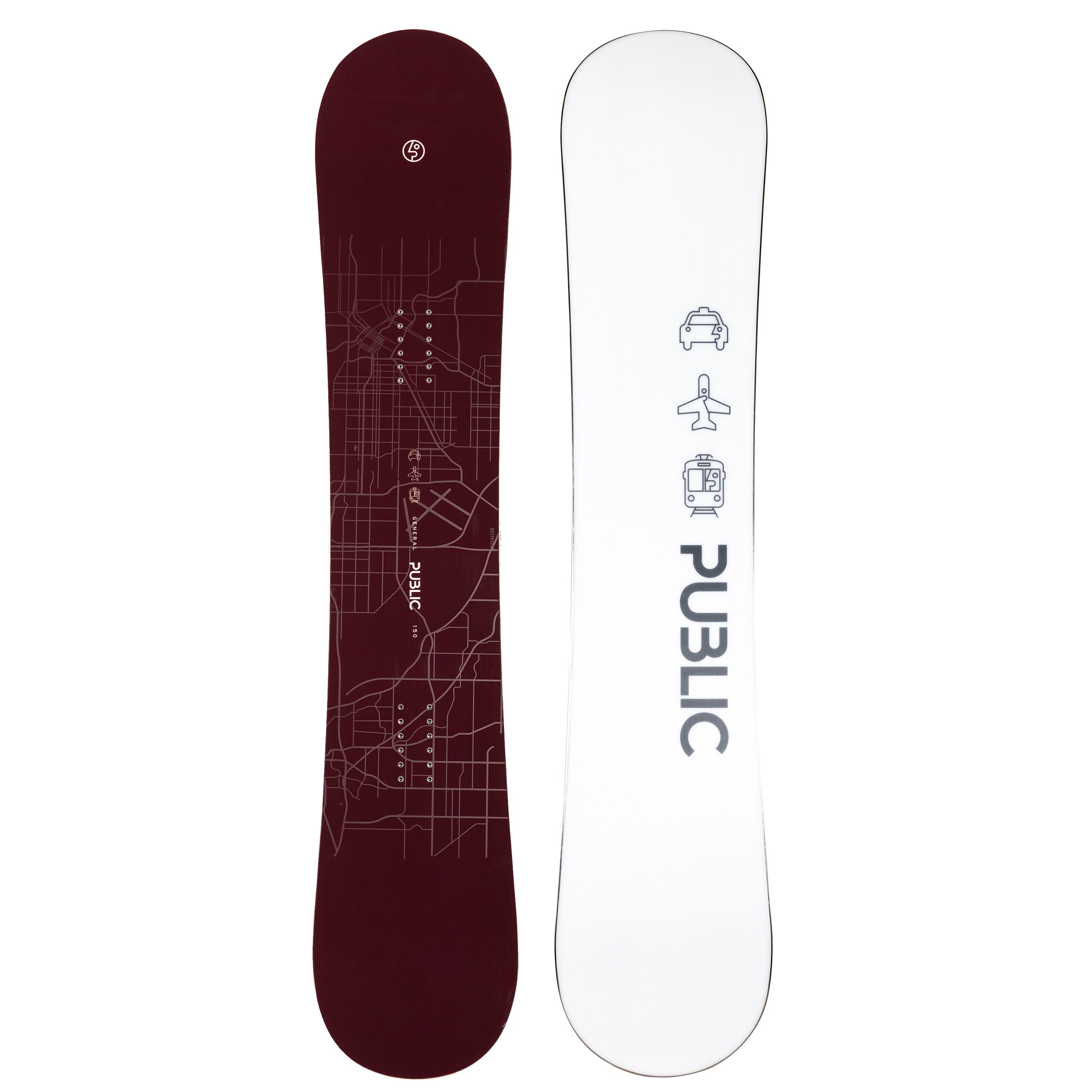 2026 Public General 150 Snowboard with Burgundy Top and White Base