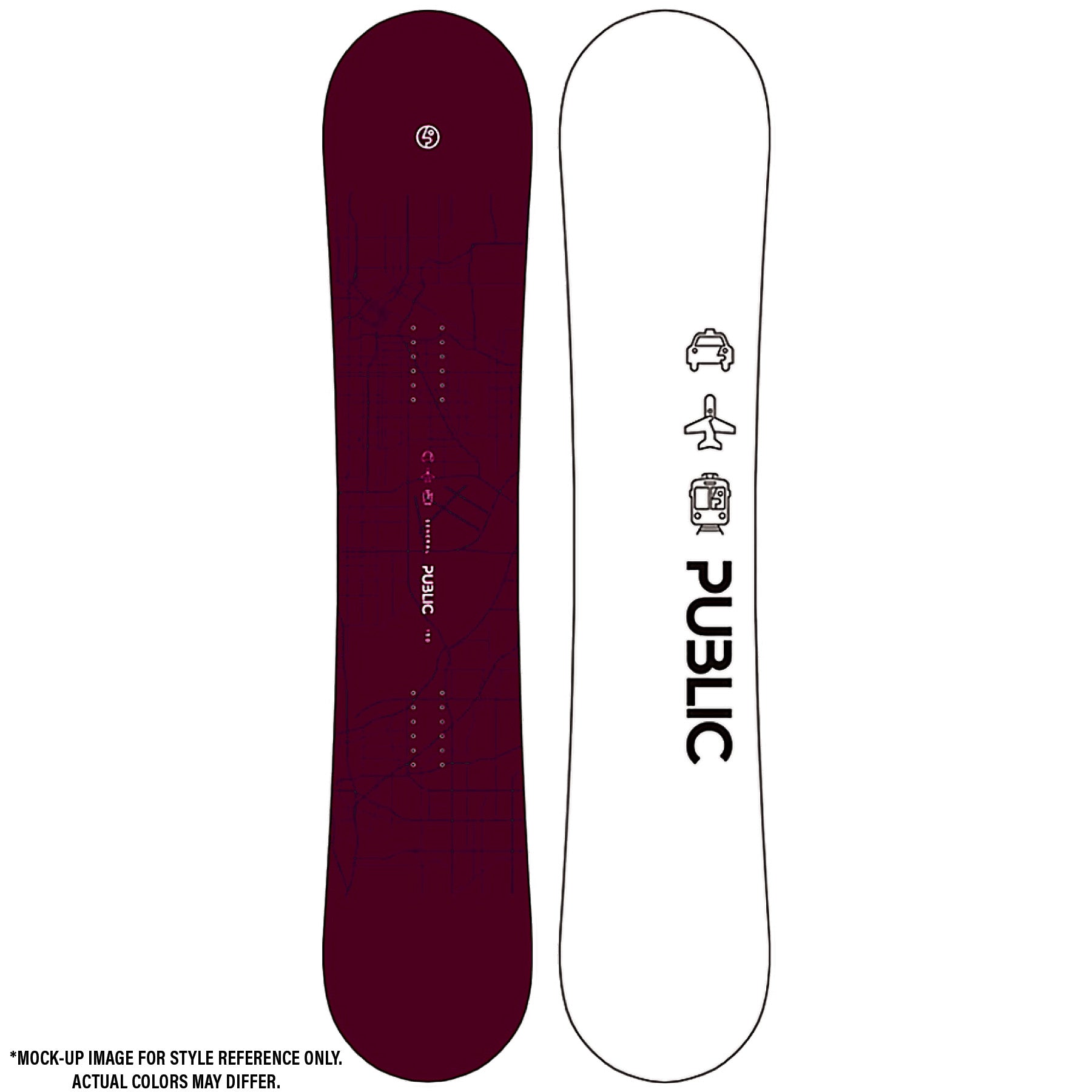 2026 Public General 150 Snowboard Mockup with Burgundy Top and White Base