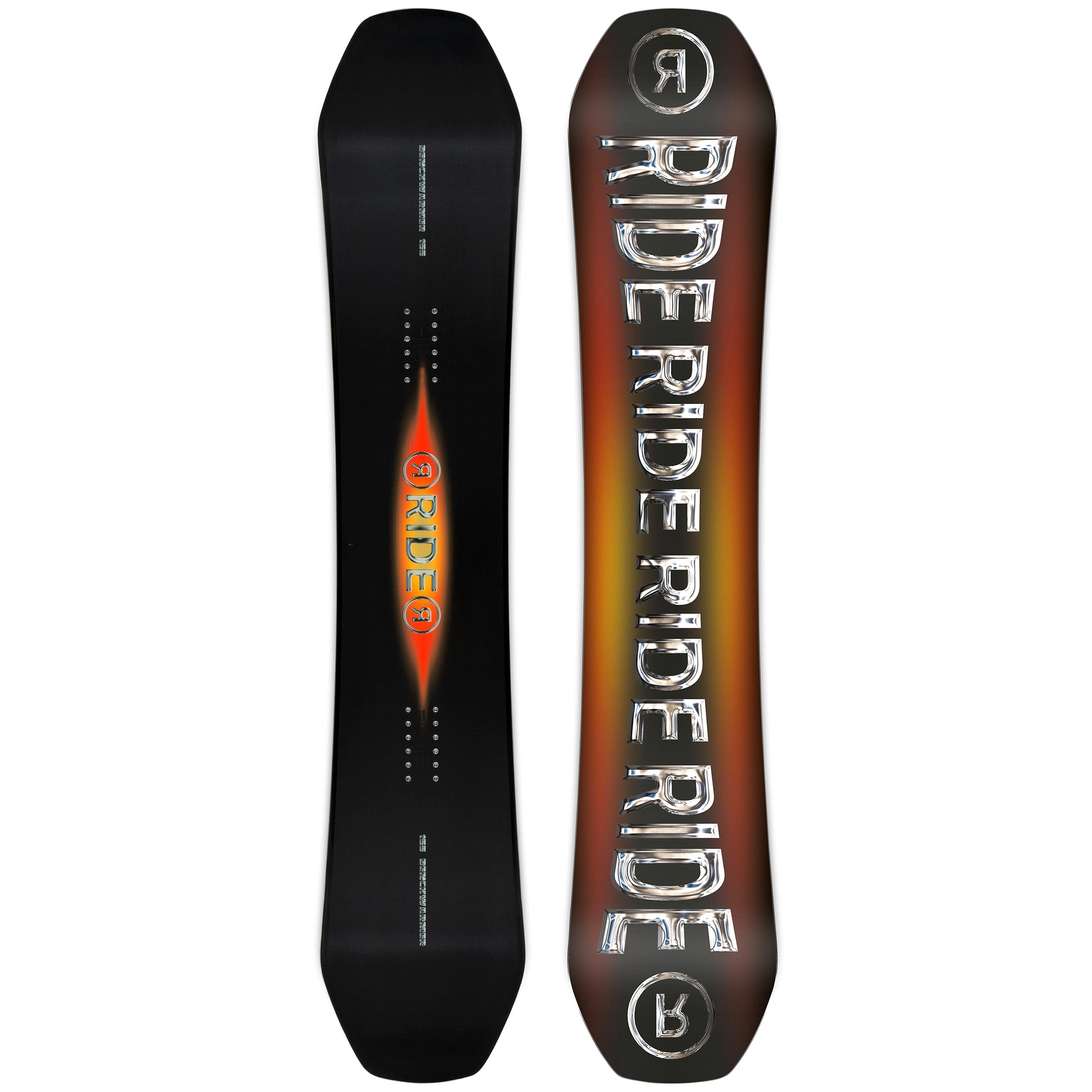 2026 Ride Benchwarmer snowboard black and red/orang top with liquid metal Ride logo and a base with oversized Ride on it