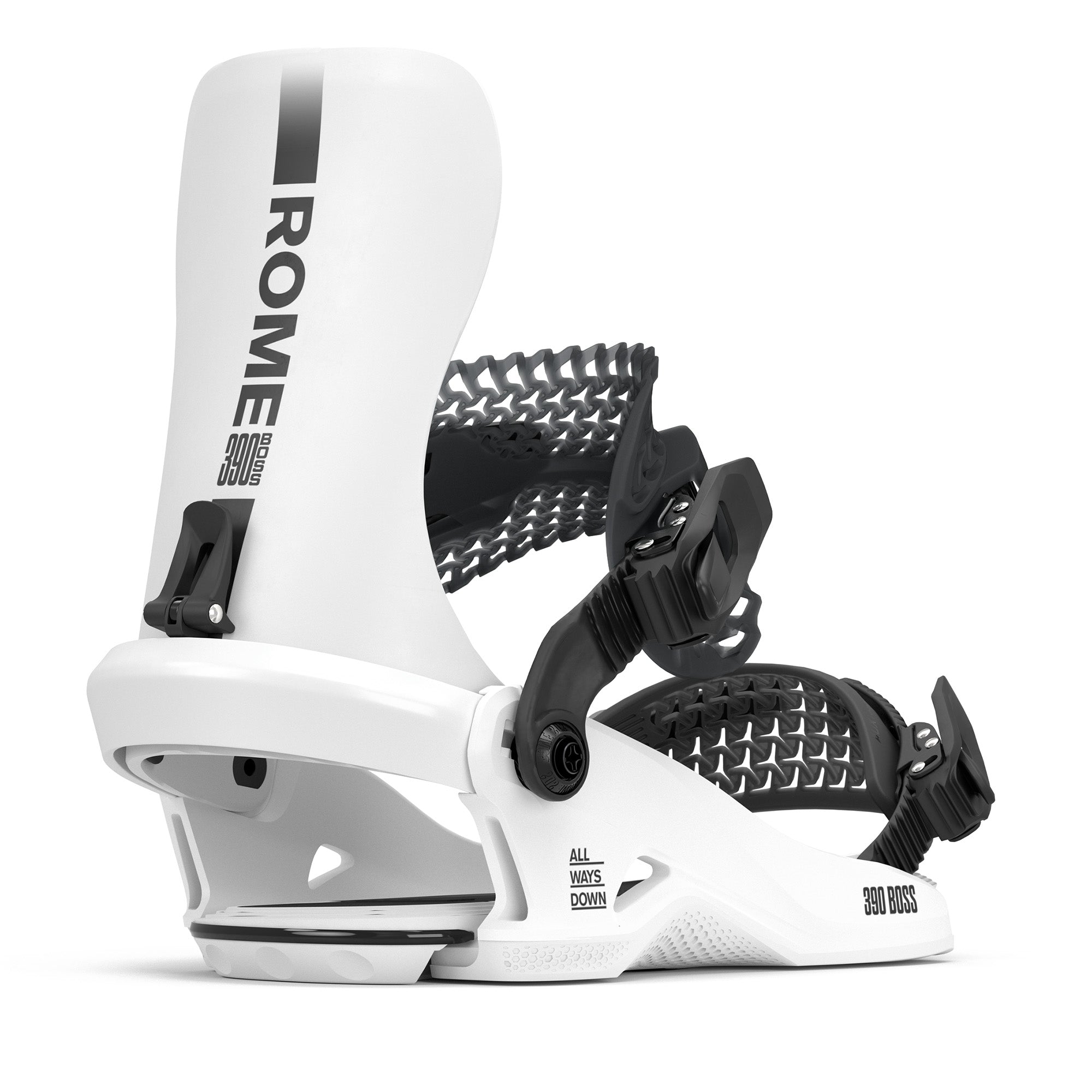 2026 white Rome 390 Boss HW snowboard binding with black logo