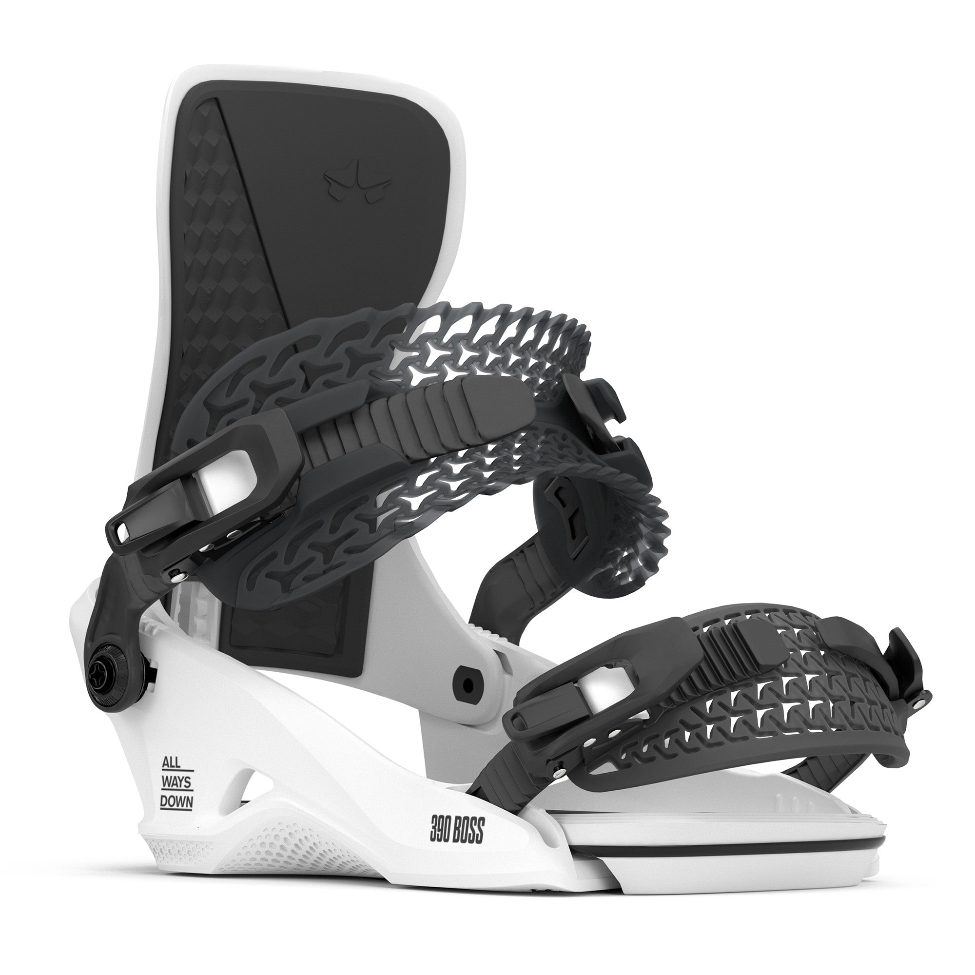 2026 white Rome 390 Boss HW snowboard binding front