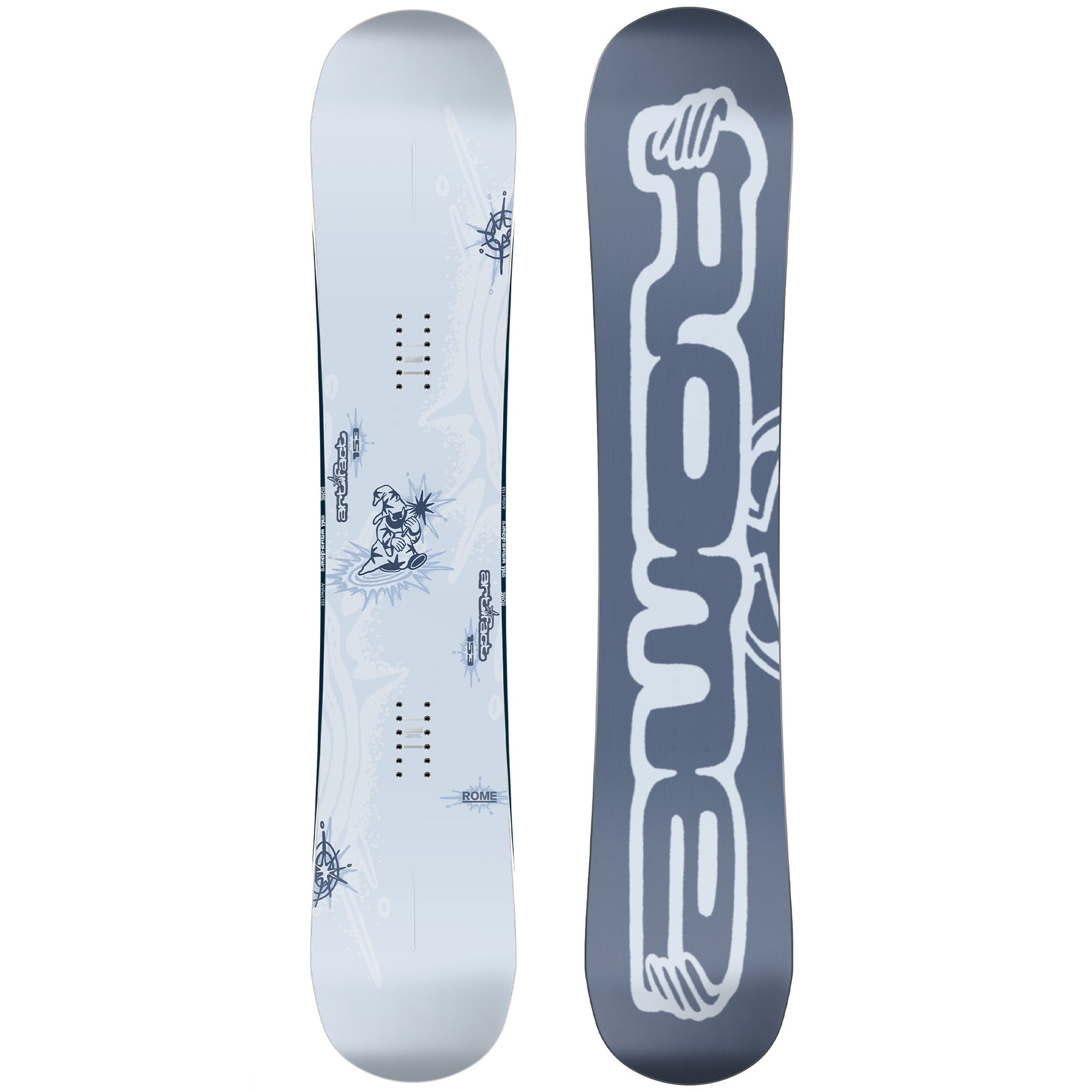2026 Rome Artifact snowboard with white top and wizard graphic and blue bas