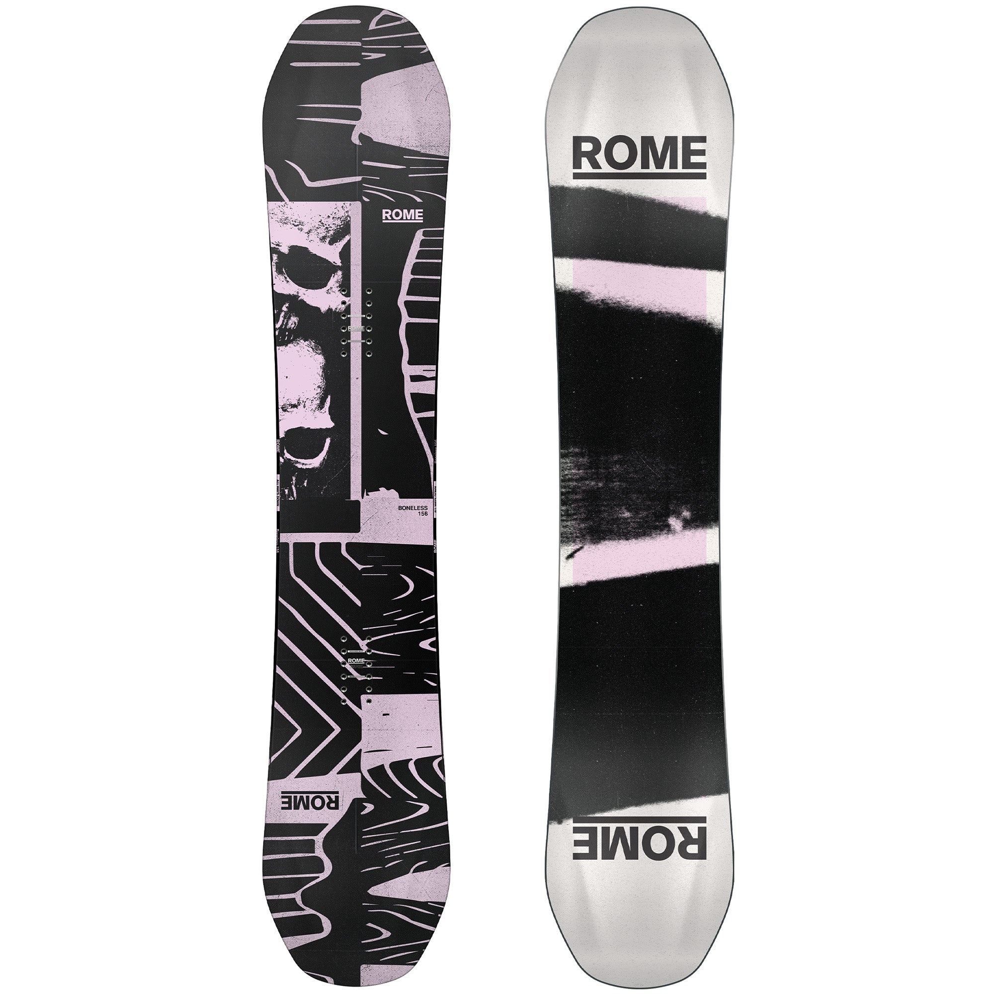 2026 Rome Boneless 3D snowboard with a black top and pink skulls