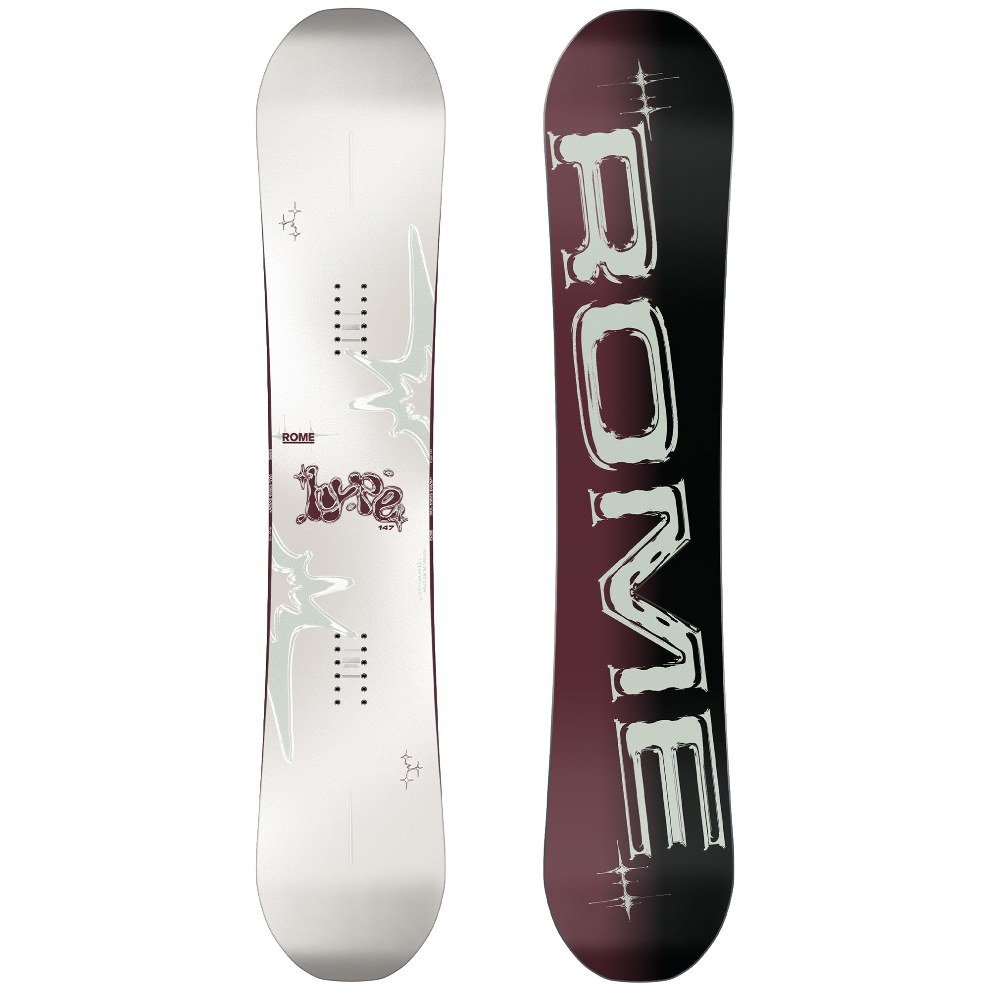 2026 Rome Hype Women's snowboard with white top and maroon base