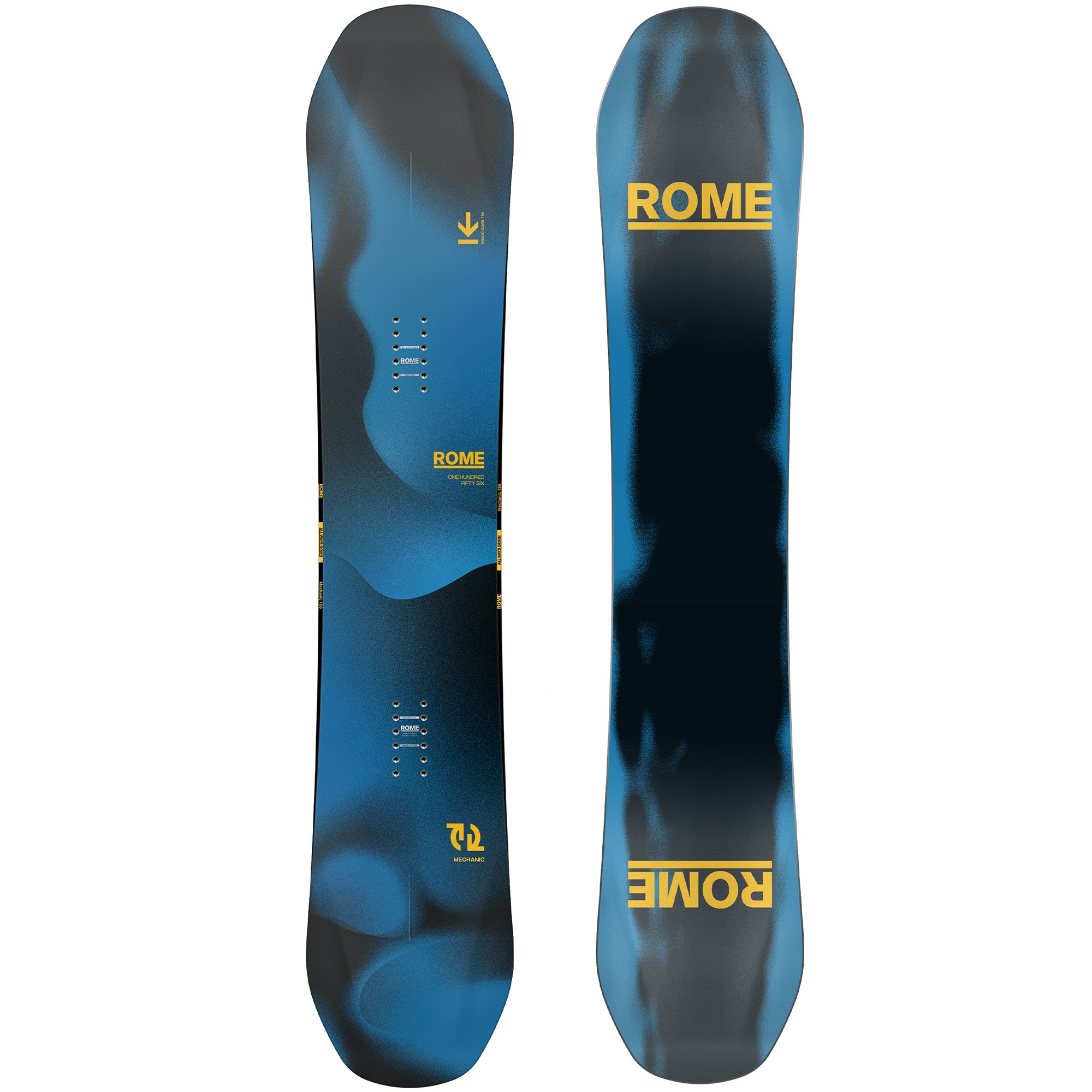 2026 Rome Mechanic snowboard blue and black graphic with yellow logo