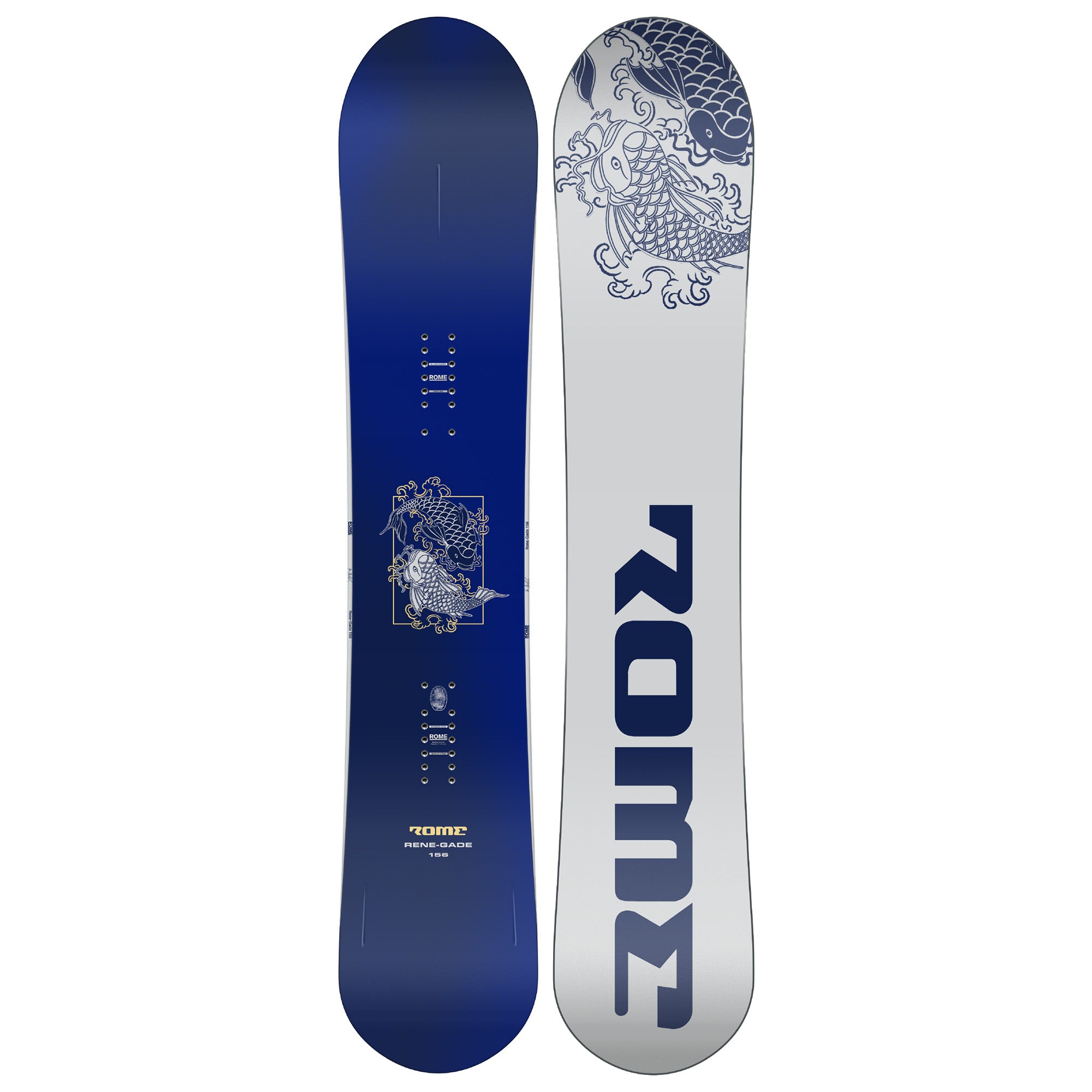 Blue 2026 Rome Rene-Gade snowboard with coi fish graphic