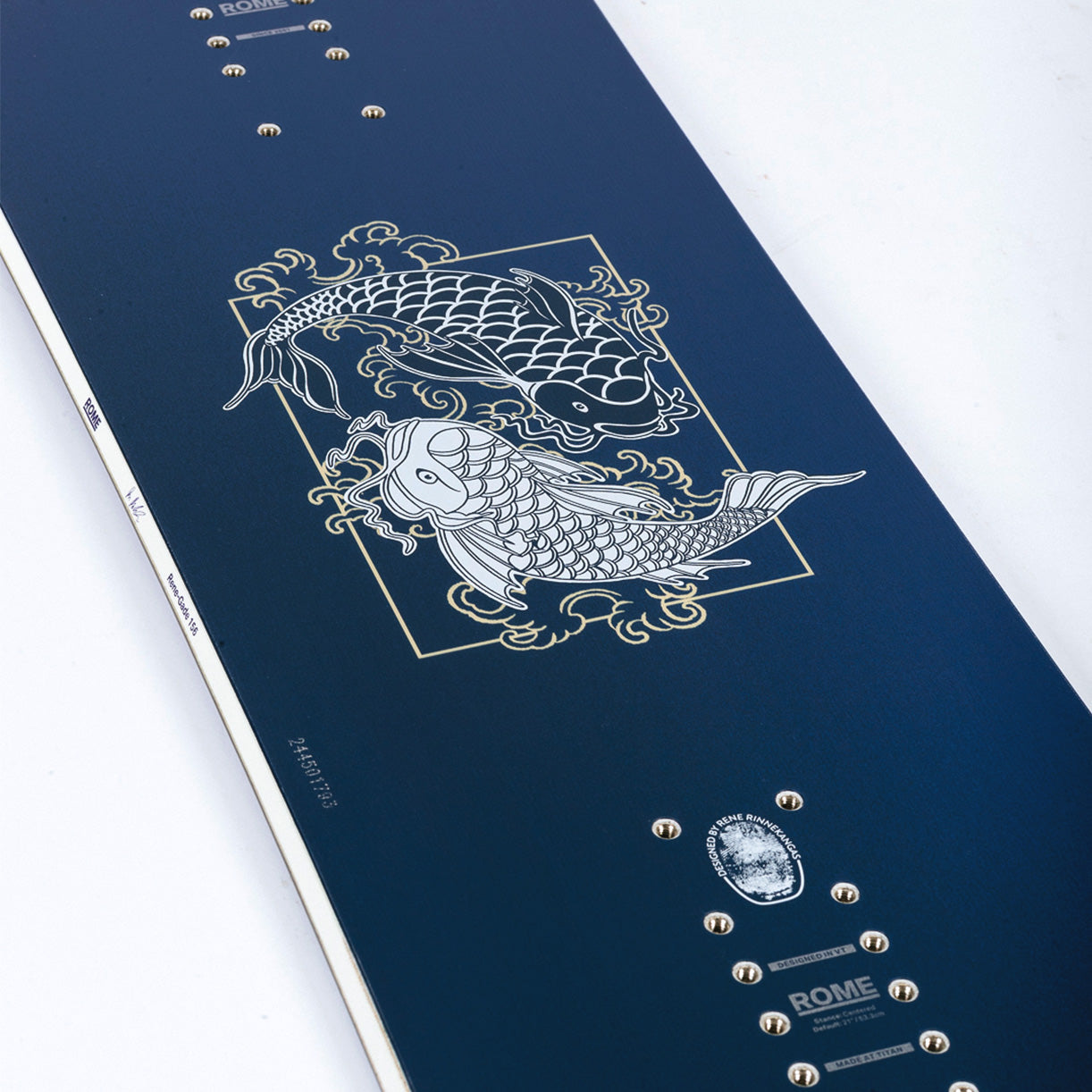 Blue 2026 Rome Rene-Gade snowboard top graphic with a white and blue coi fish