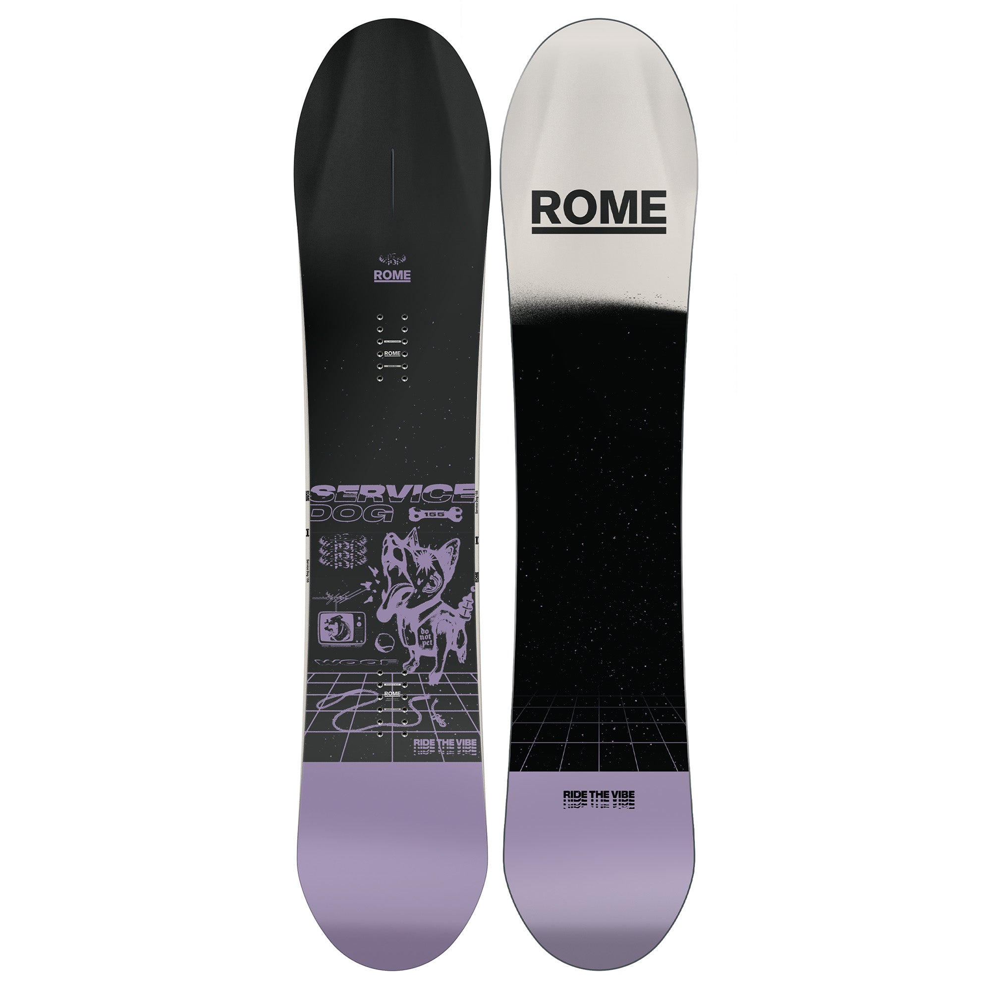 Black and purple Rome 2026 Service Dog snowboard with barking dog cyber graphic