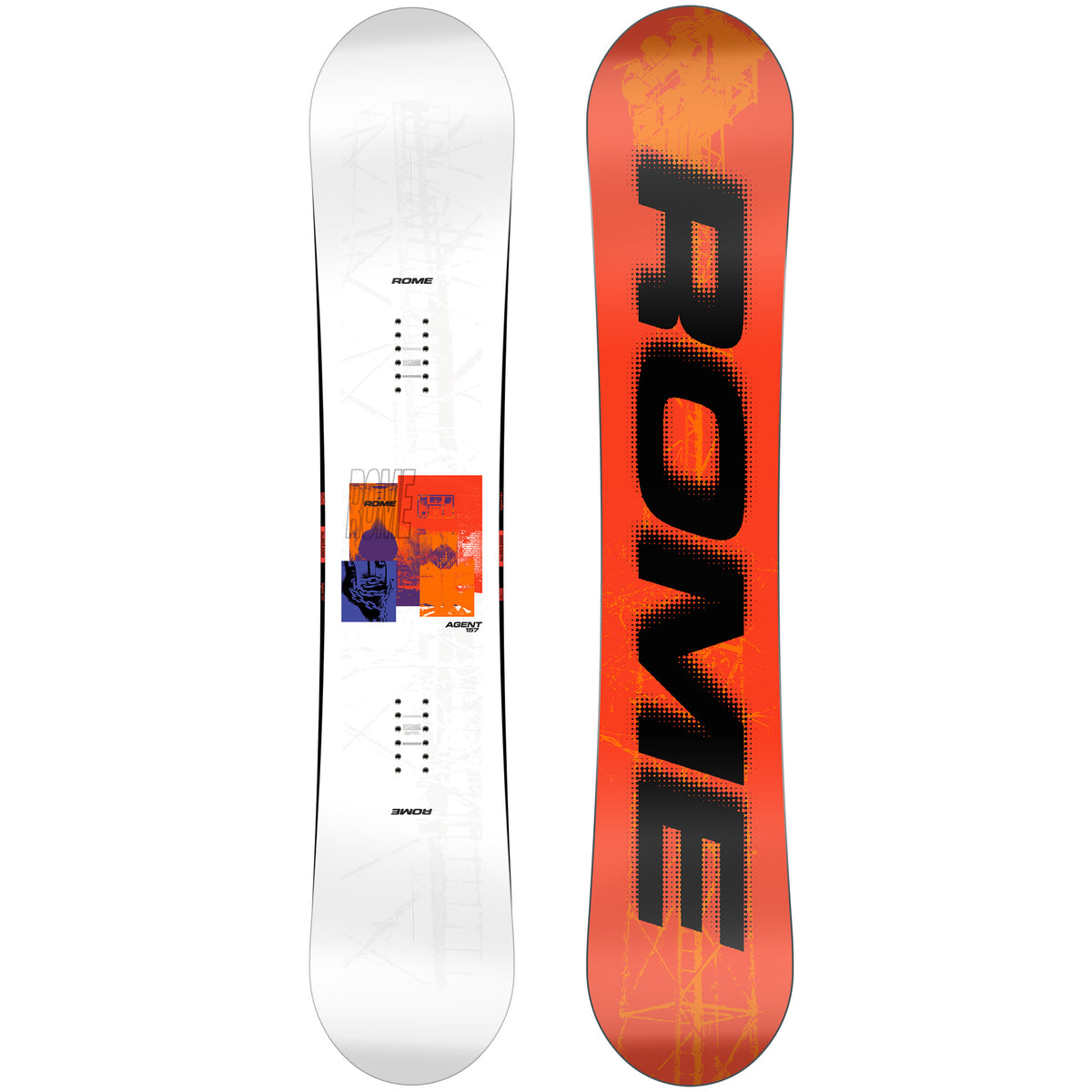 2027 Rome Agen snowboard with a white top sheet and orange and black base