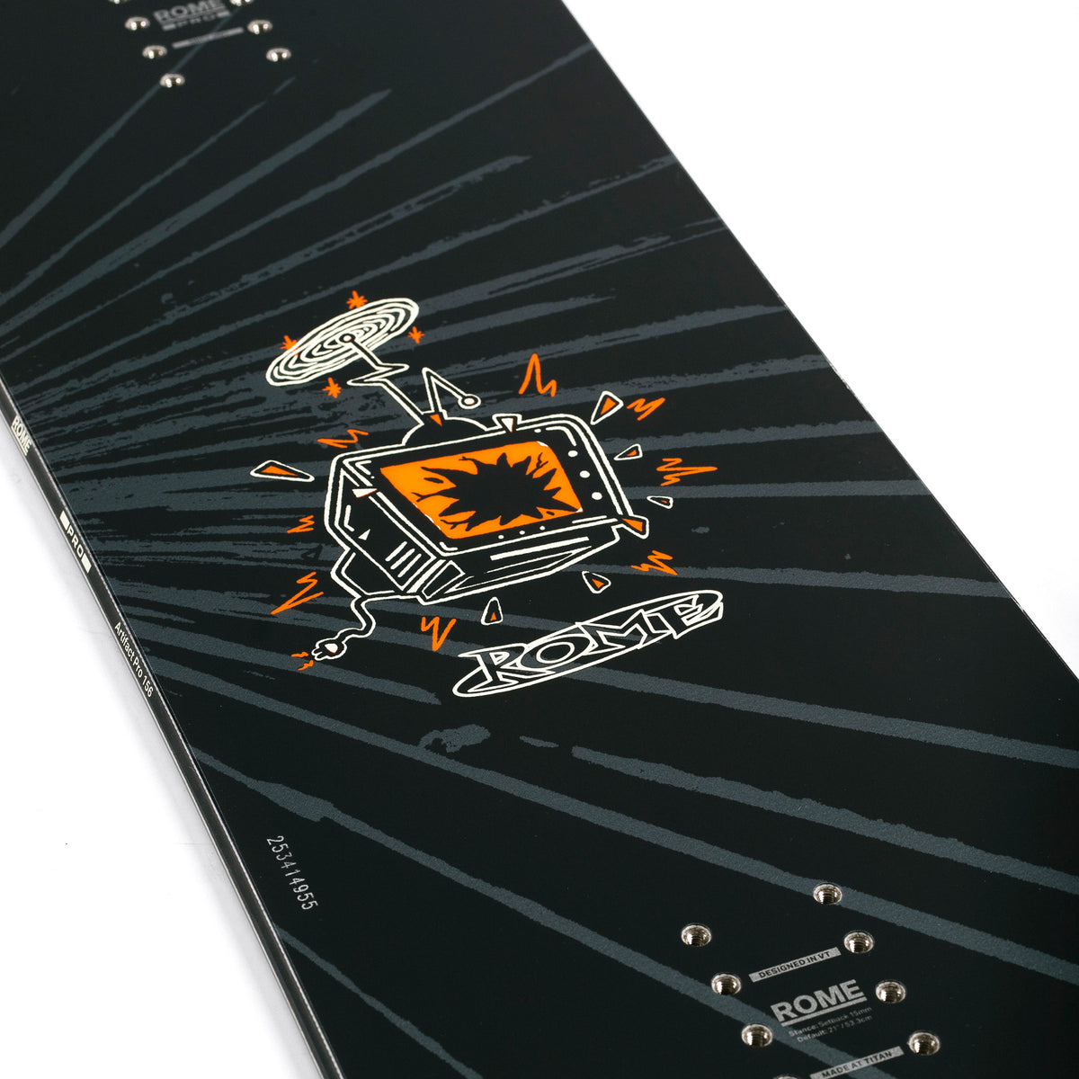 2027 Rome Artifact Pro all black snowboard with an orange brocken tv