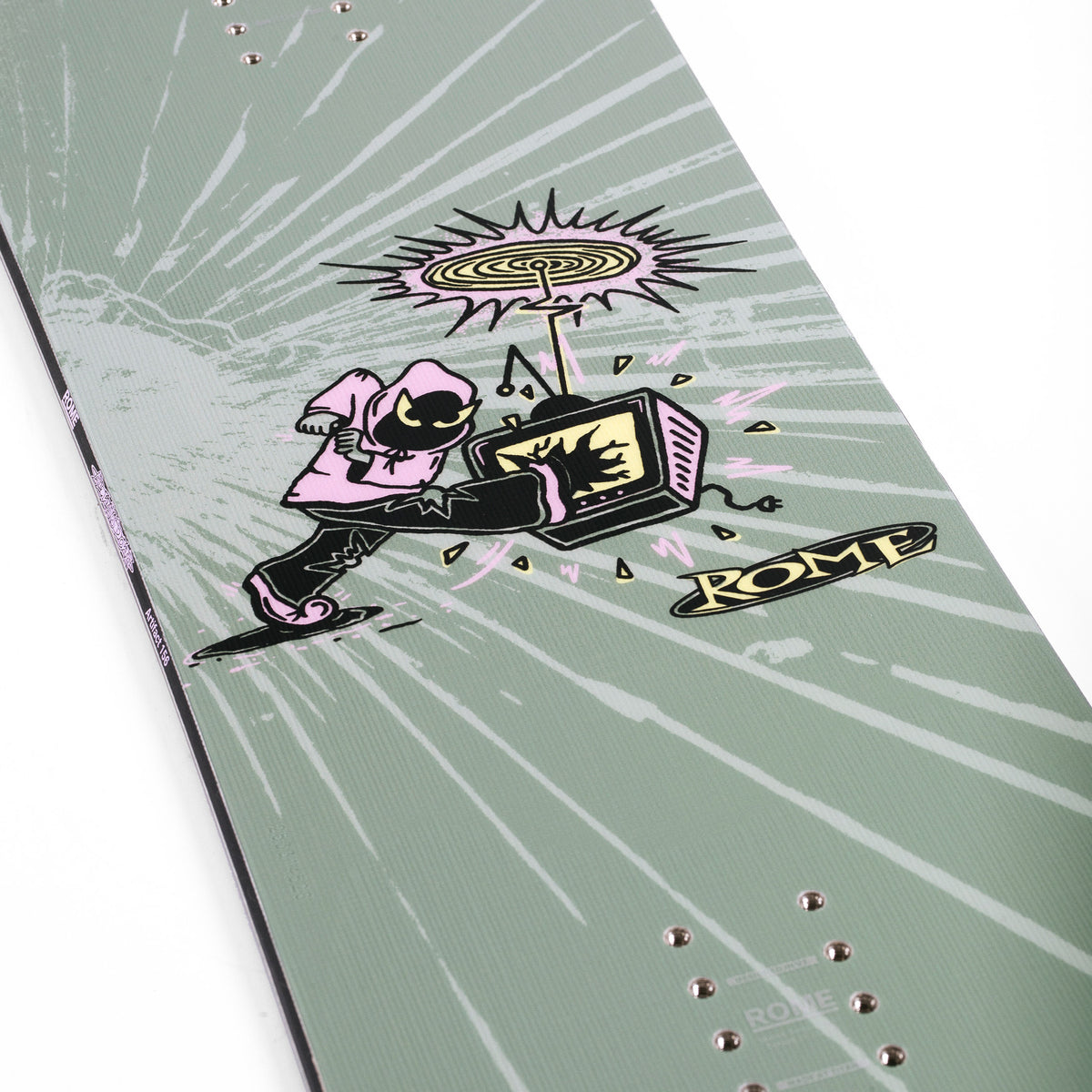 2027 Rome Artifact snowboard with aguy kicking a tv in green and pink