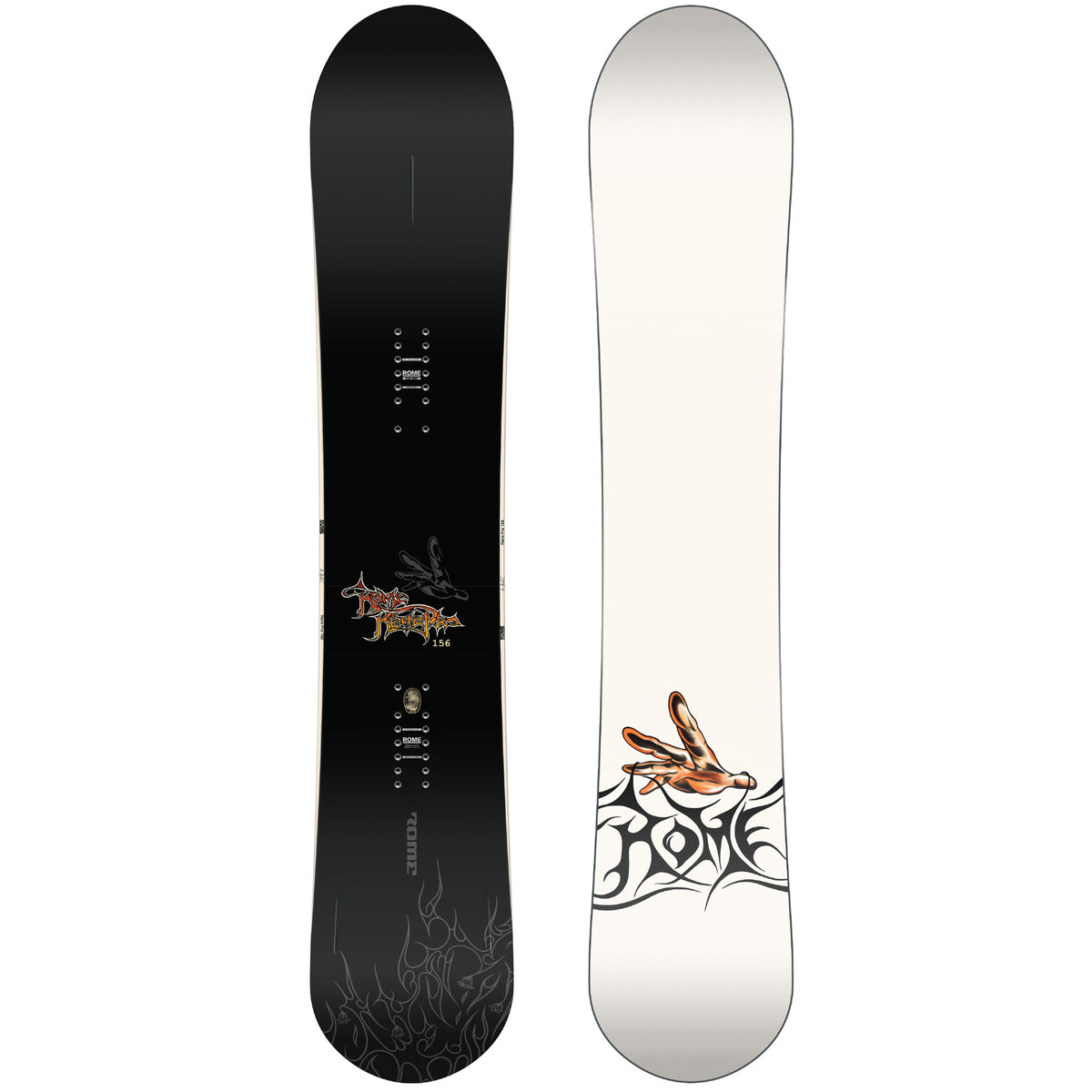 2027 Rome Rene Pro snowboard featuring a black top and white base with a hand and script design