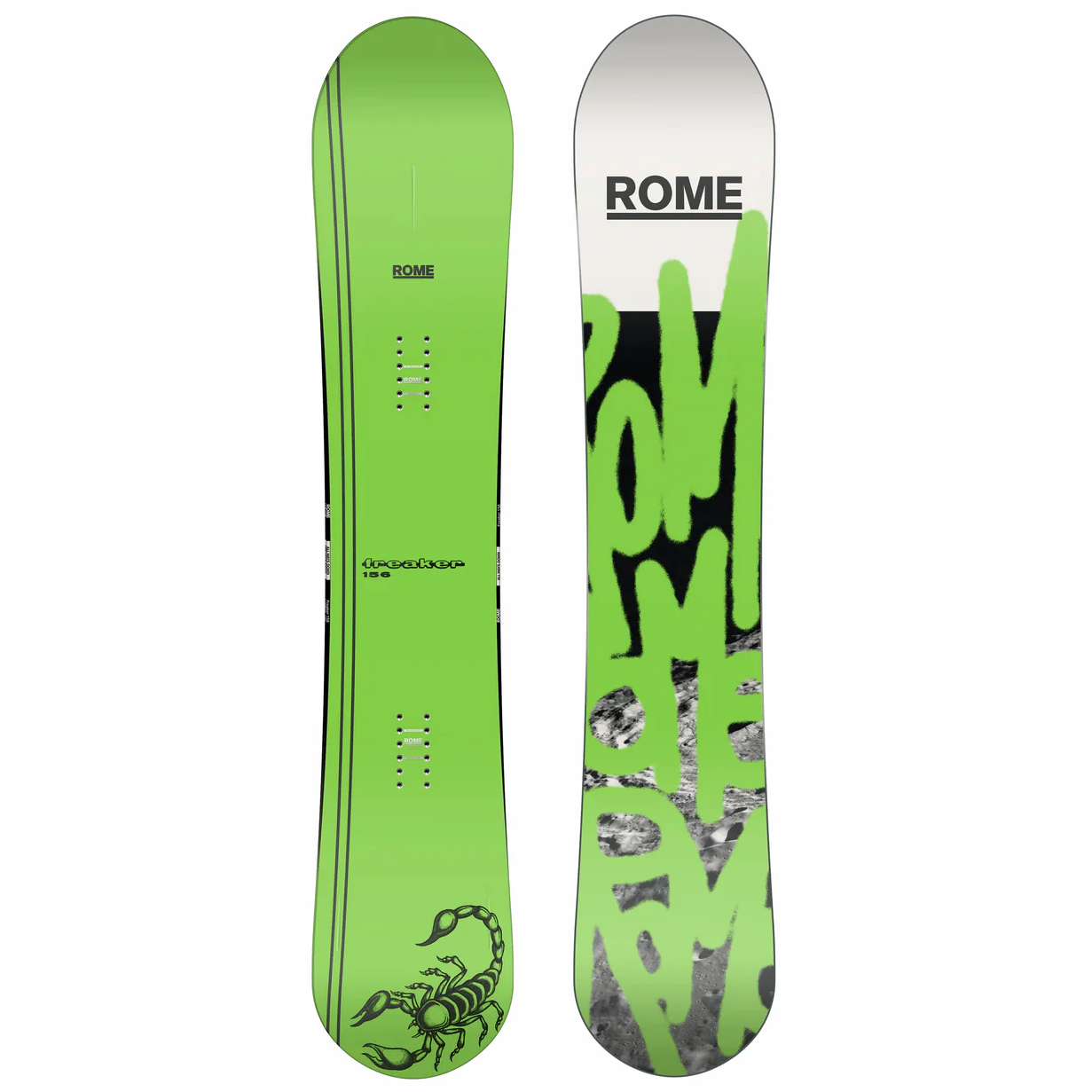 Green Freaker Rome 2026 snowboard with a scorpian on the top