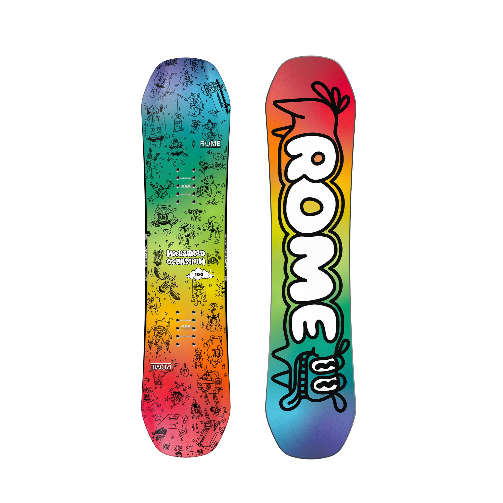 2026 Rome kids Minishred snowboard rainbow lolored top with drawings all over