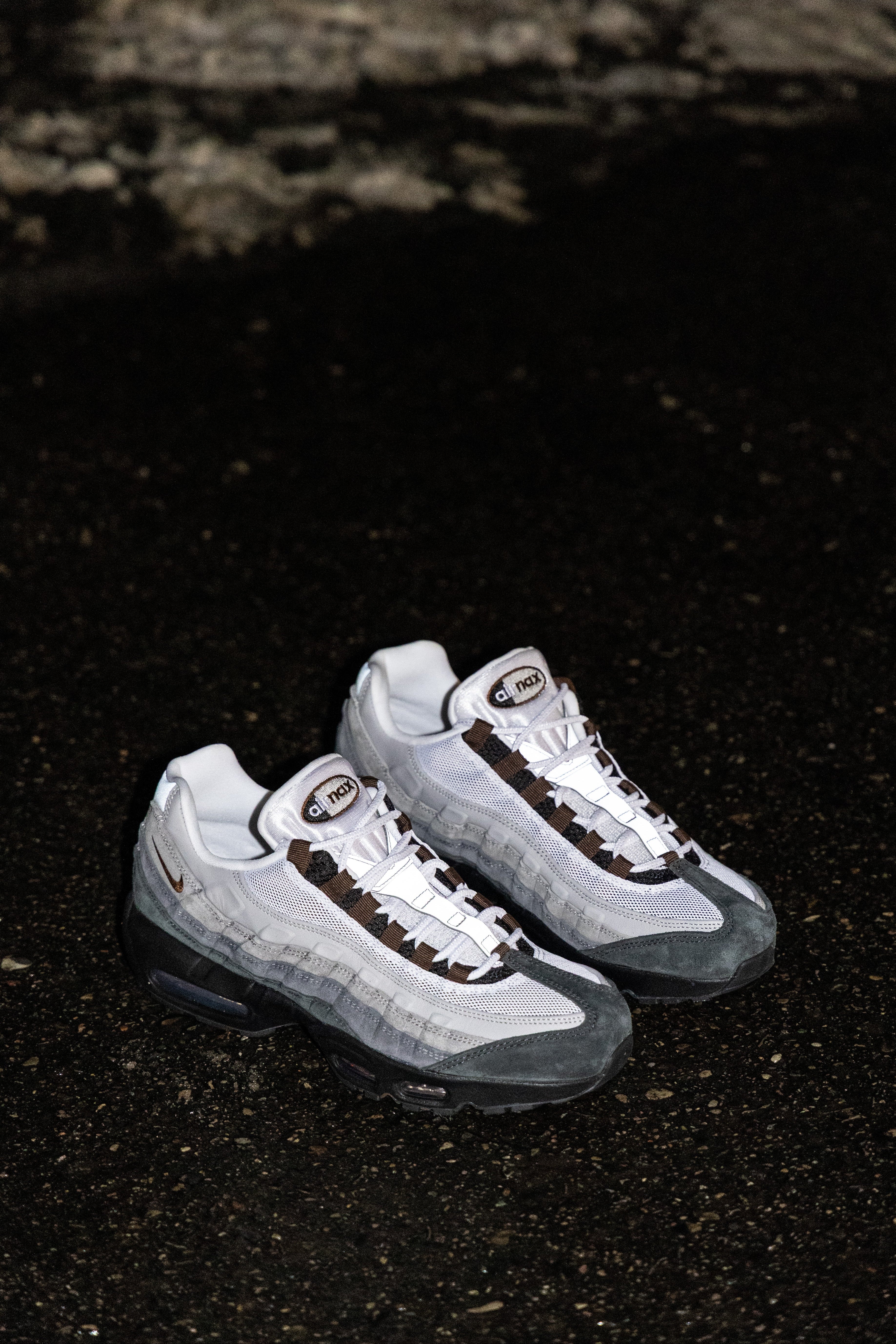 Cocoa Air Max Nike SB white, grey, and black sneakers with brown accents