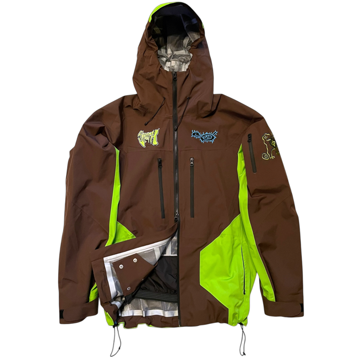Brown and green Smooth snowboard jacket with embroidered logos on the chest and arm