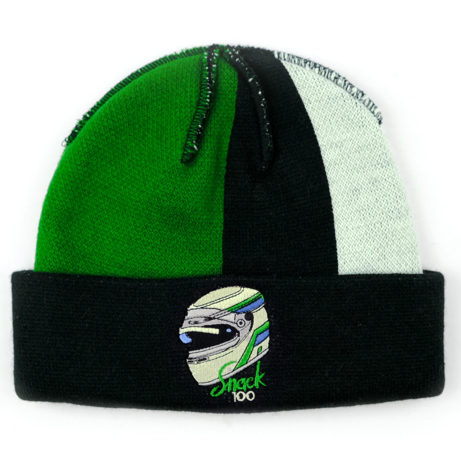 Green and black Snack skateboards beanie with embroidered helmet design