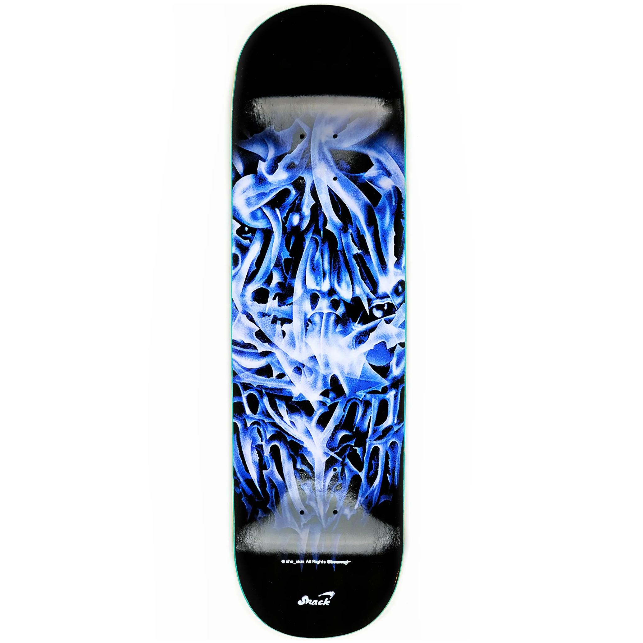 Chrome Face Snack Skateboard Deck blue chrome design on black background