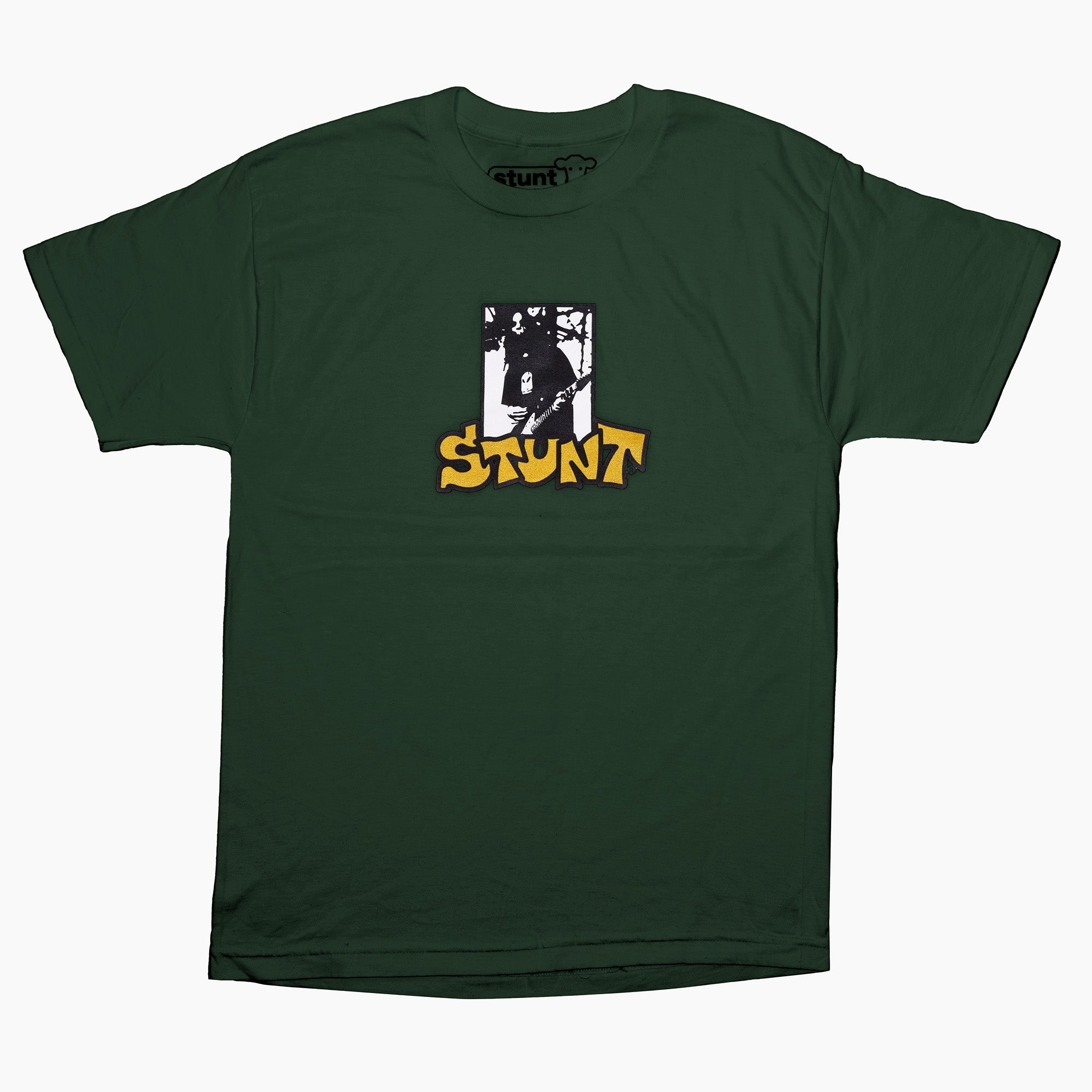 Green Stunt t-shirt with screenprinted guitar hero logo and yellow Stunt