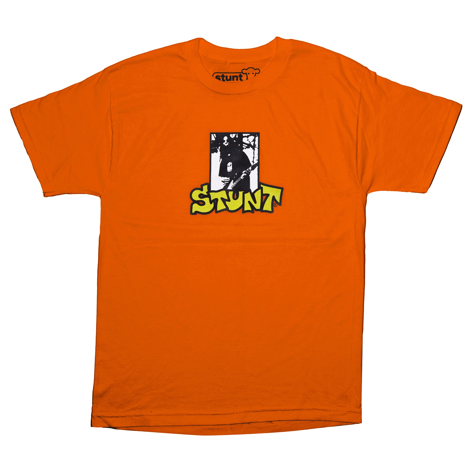 Orange Stunt t-shirt with screenprinted guitar hero logo and yellow Stunt