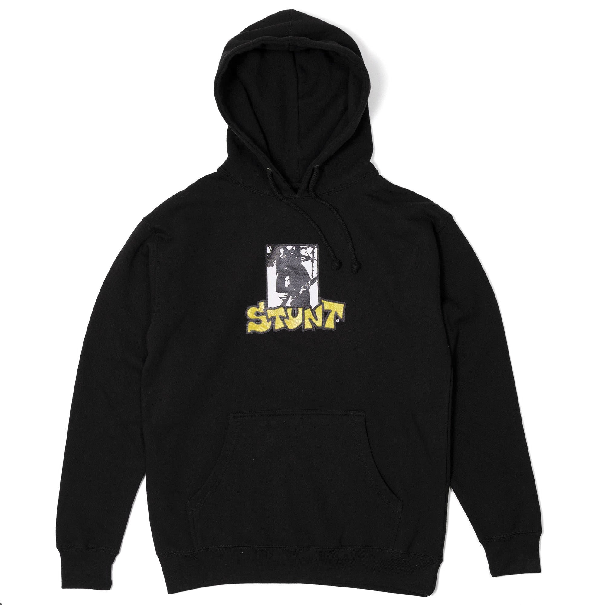 Black Stunt hoodie with screenprinted fron guitar hero logo with yellow stunt