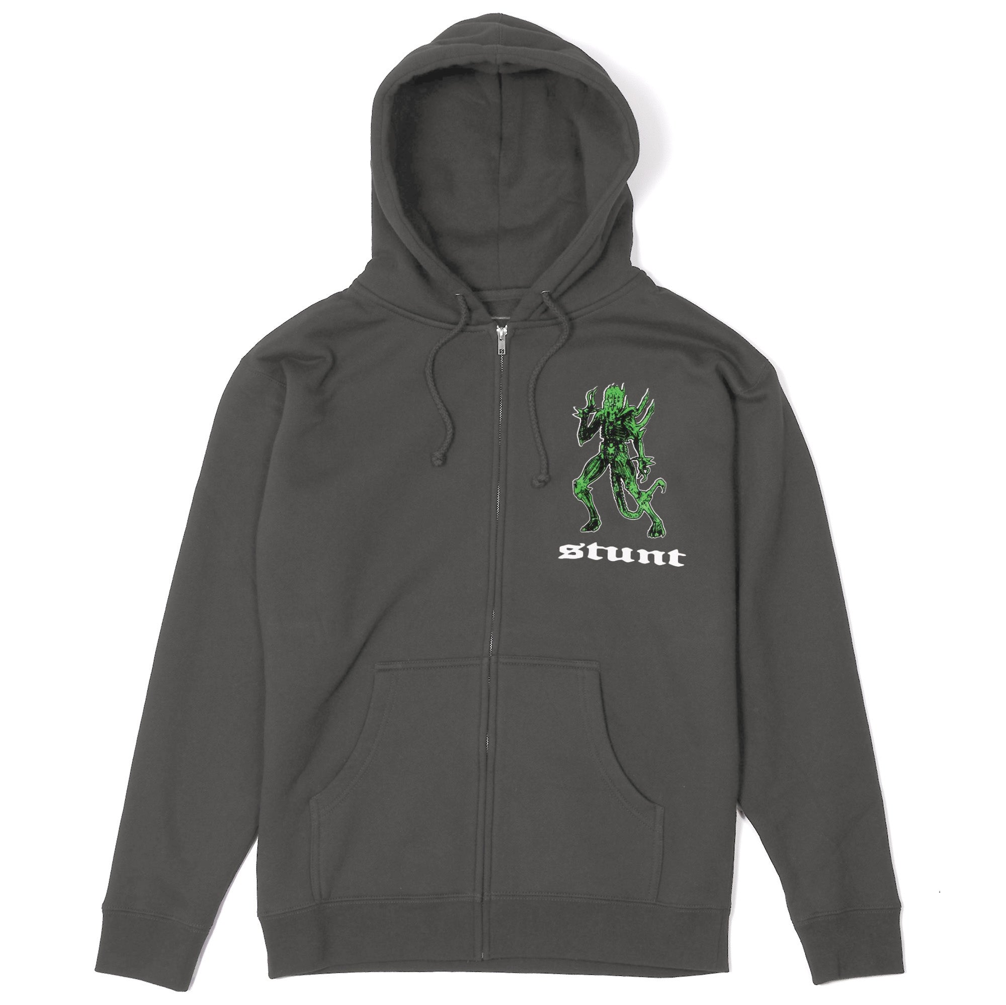 Charcoal Stunt Zip Up hoodie with screenprinted Green Alien Xeno Logo