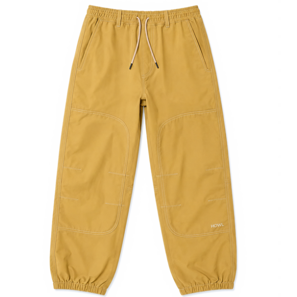 Yellow Howl workwear snowoard pant with white contrast stitching featuring elastic waist and cuffs, white tie string at waiste, and small logo