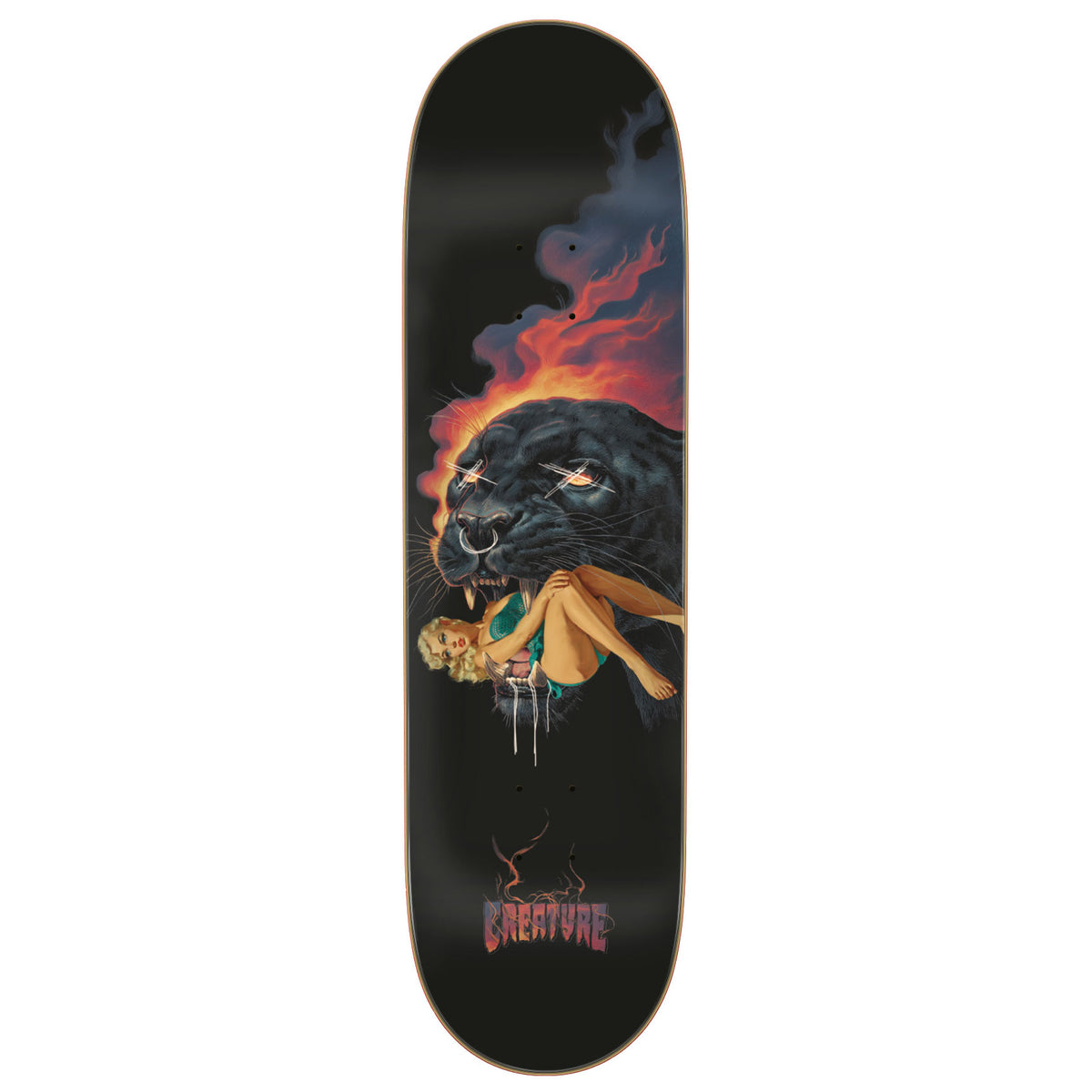Creature Torres Pro Stump skateboard deck with a black background featuring a graphic of a black panther surrounded by orange and red flames, with a woman in a yellow jacket at the bottom and the brand name 'CREATURE' printed in red near the nose.