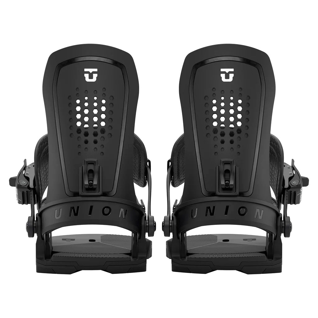 Pair of black Union Force snowboard bindings back view 2026
